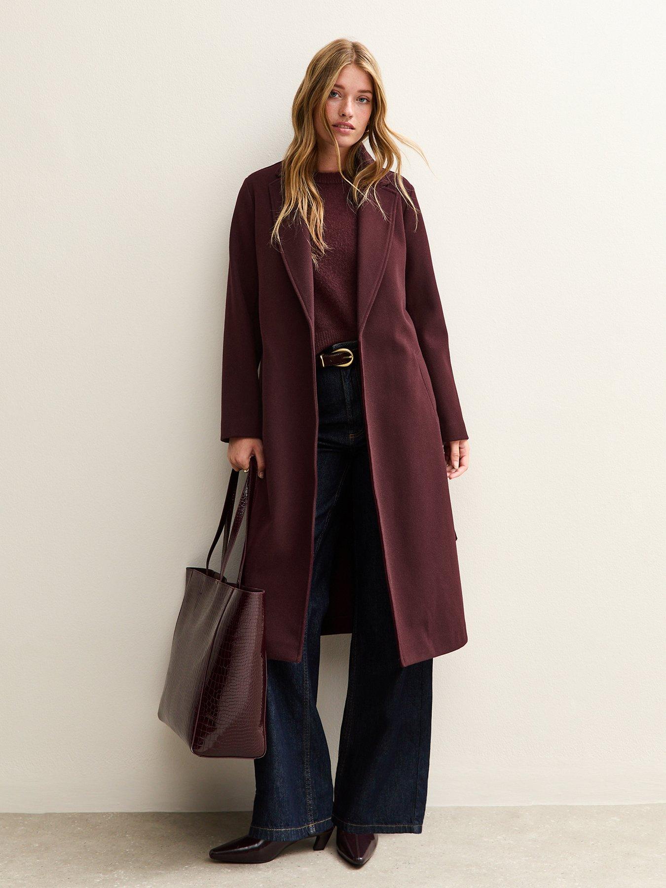 Image 3 of 6 of New Look Burgundy Unlined Longline Belted Coat