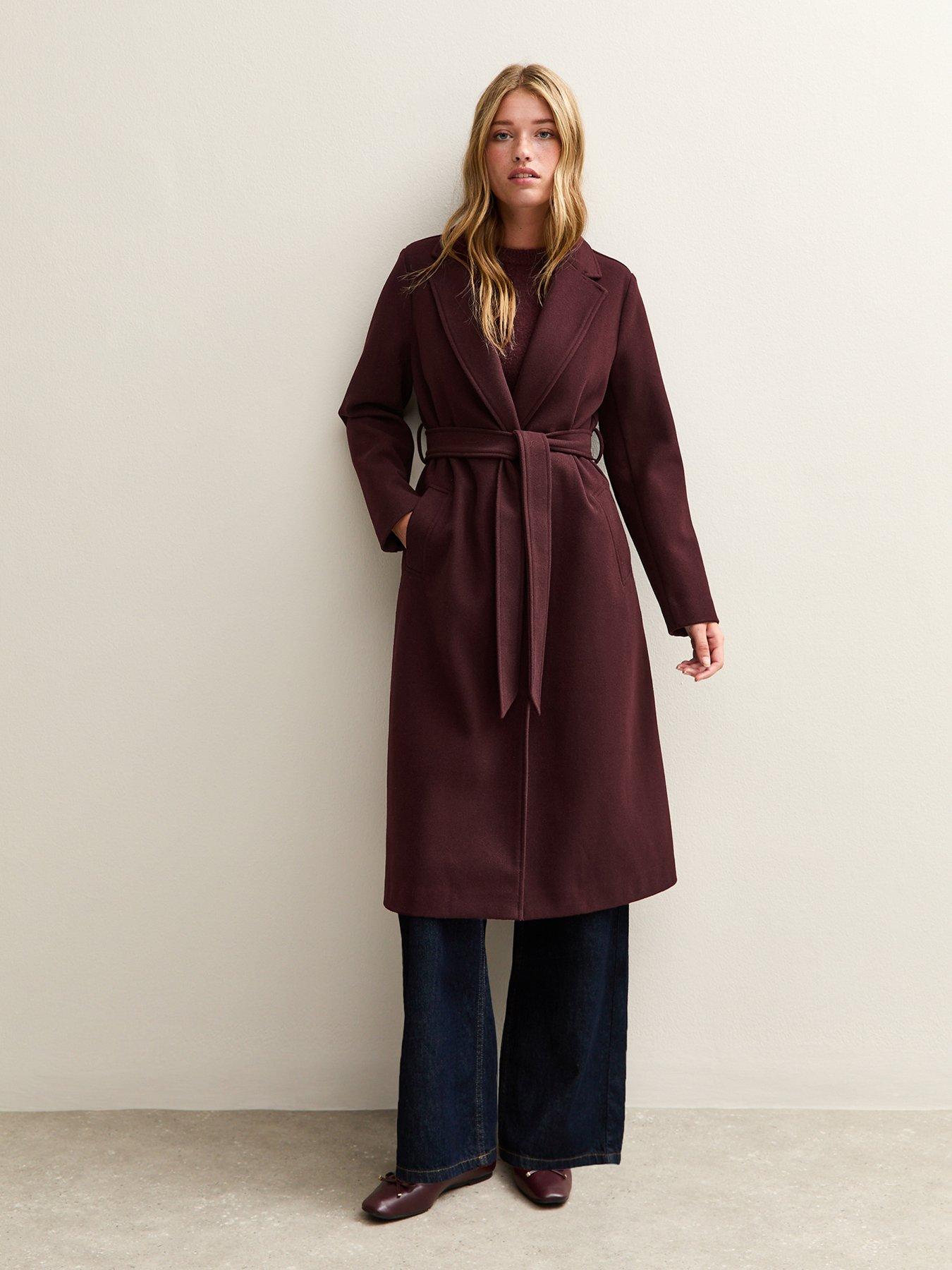Image 5 of 6 of New Look Burgundy Unlined Longline Belted Coat