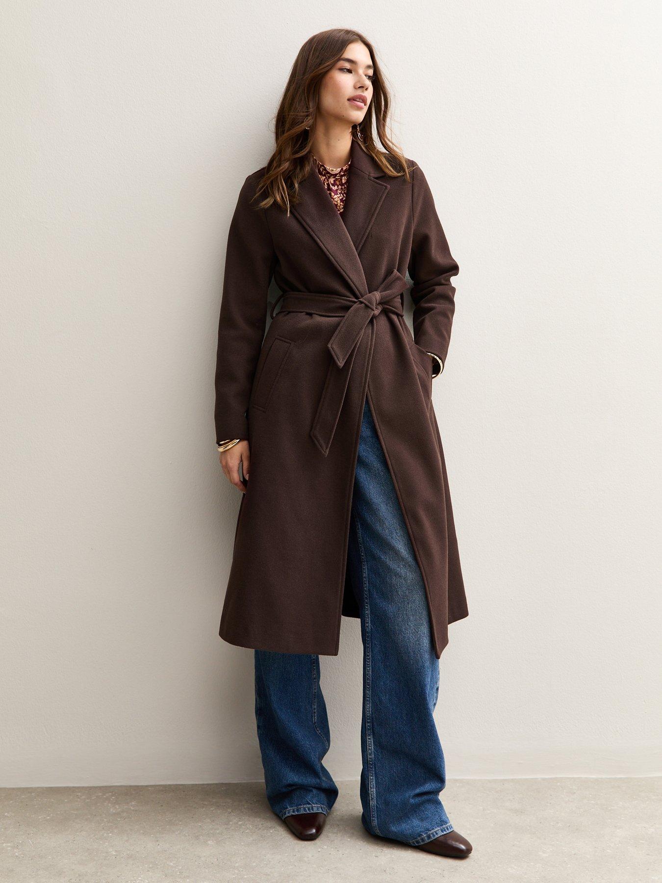 New Look Unlined Longline Belted Coat - Dark Brown