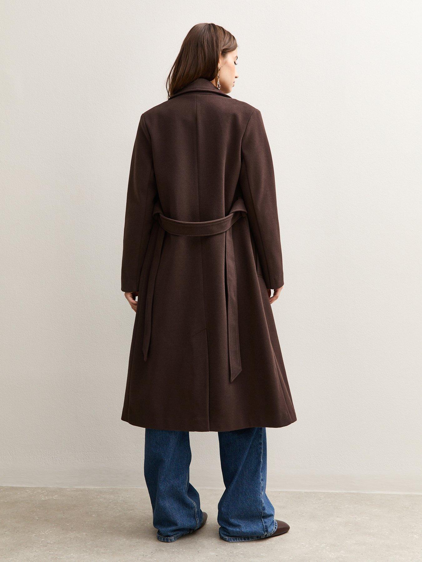 Image 2 of 5 of New Look Unlined Longline Belted Coat - Dark Brown