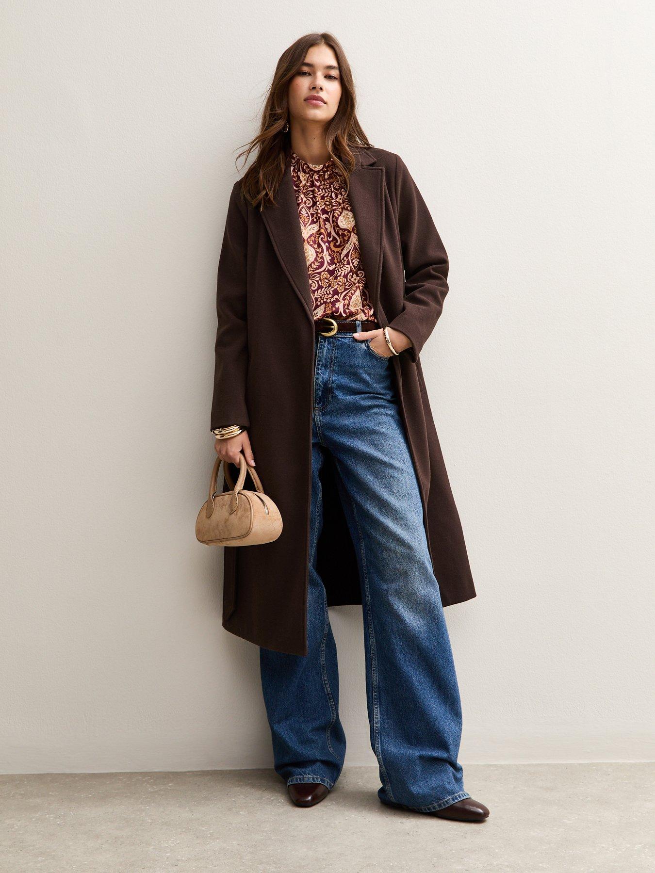 Image 3 of 5 of New Look Unlined Longline Belted Coat - Dark Brown