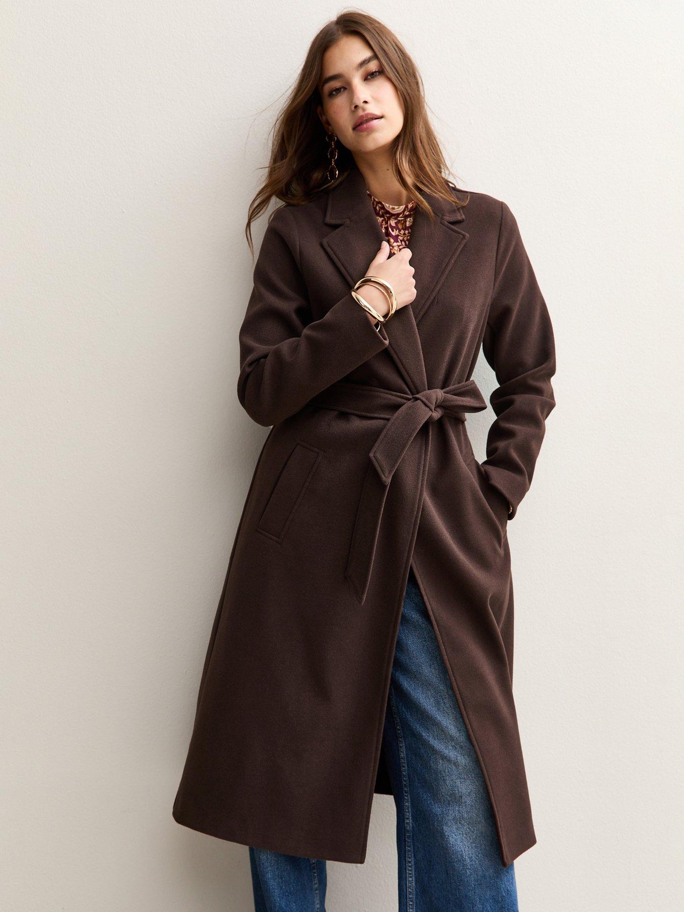 Image 4 of 5 of New Look Unlined Longline Belted Coat - Dark Brown