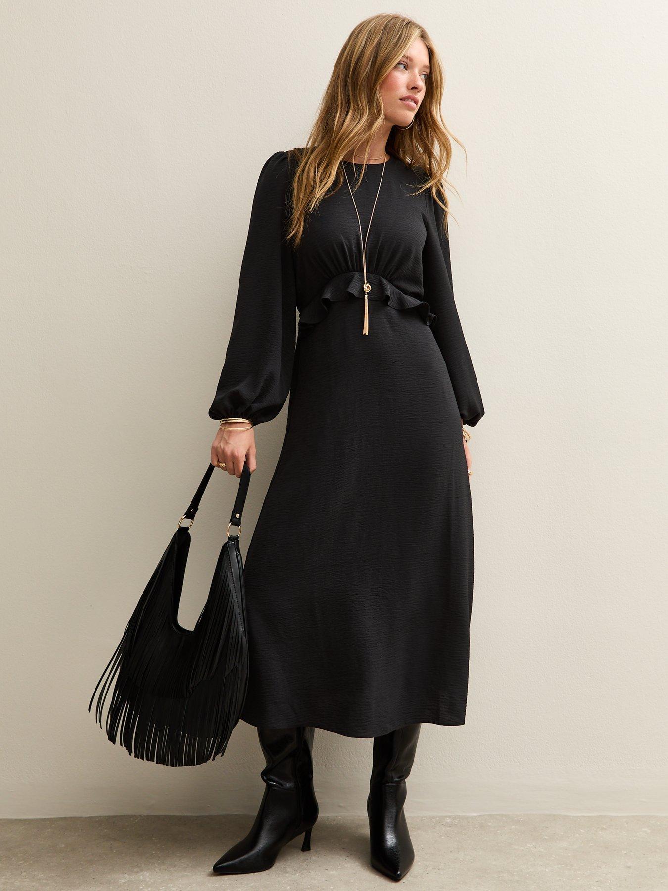 new-look-ruffle-trim-long-sleeve-midi-dress-black