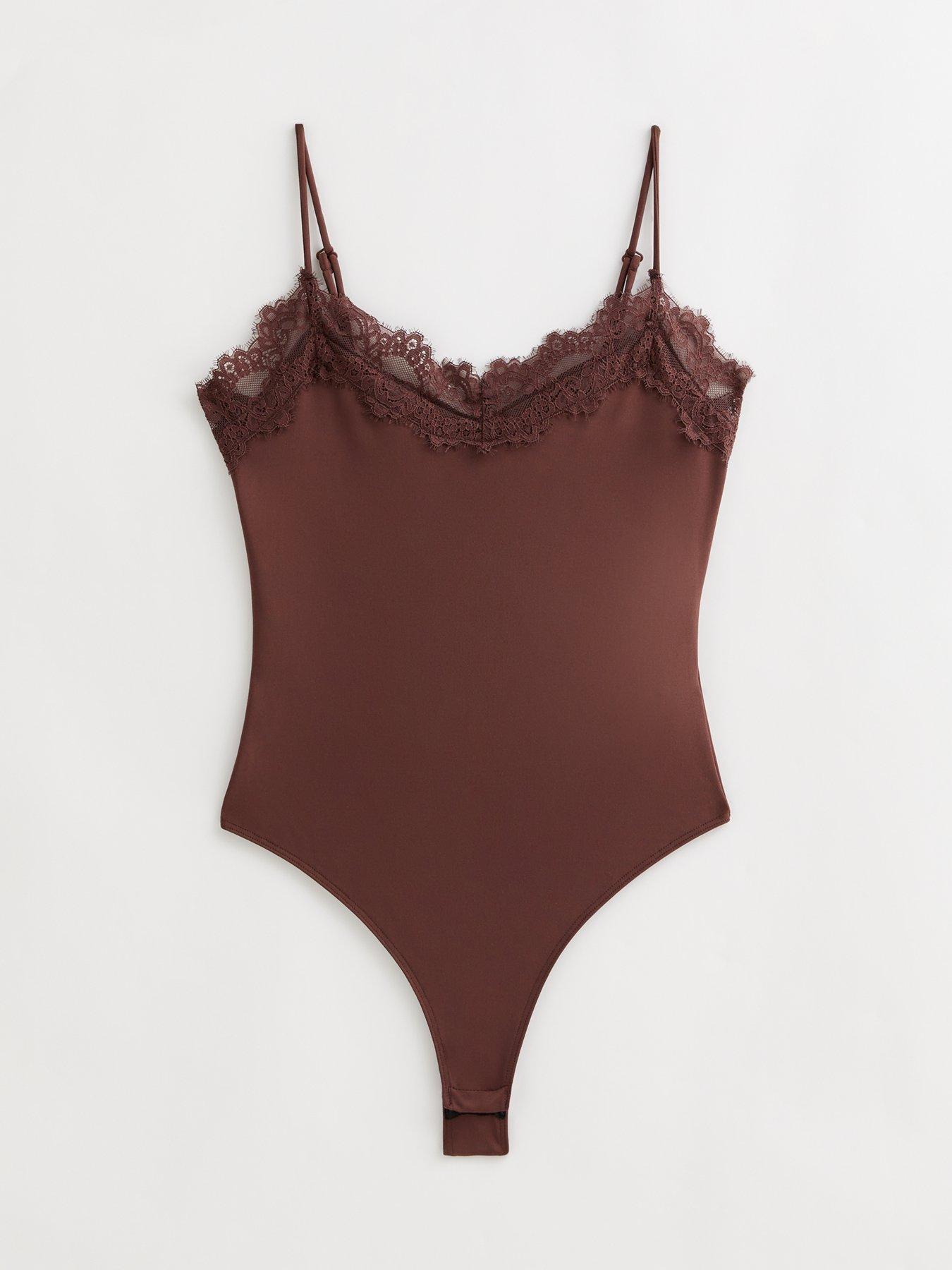 Image 6 of 6 of New Look Brown Ribbed Jersey Lace Trim Bodysuit