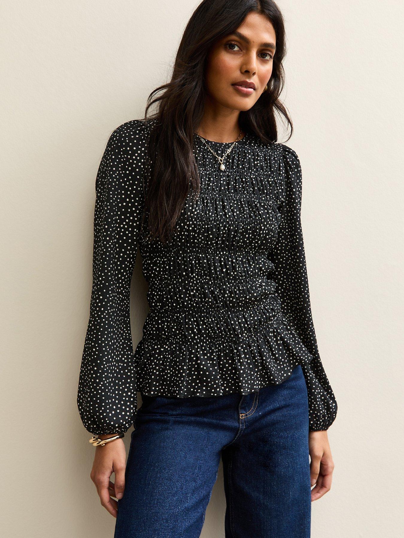 new-look-black-speckled-shirred-long-sleeve-blouse
