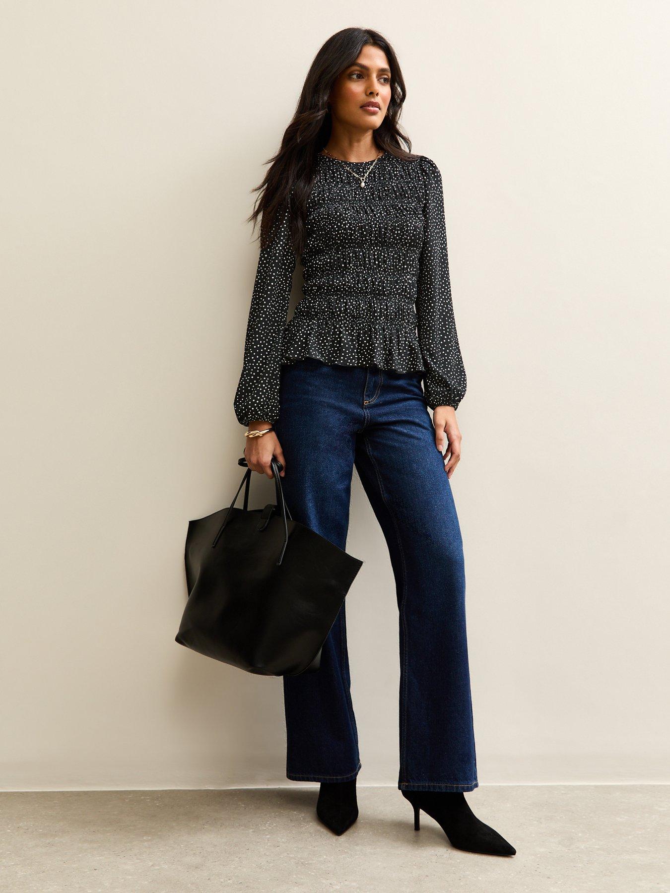new-look-black-speckled-shirred-long-sleeve-blouseback