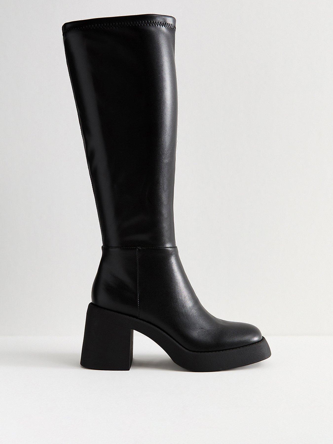 New Look Faux Leather Block Heel Knee High Boots - Black