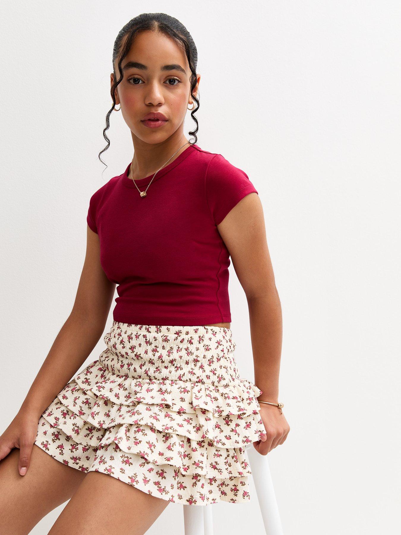 New Look 915 Girls Cream Floral Print Tiered Skirt - White