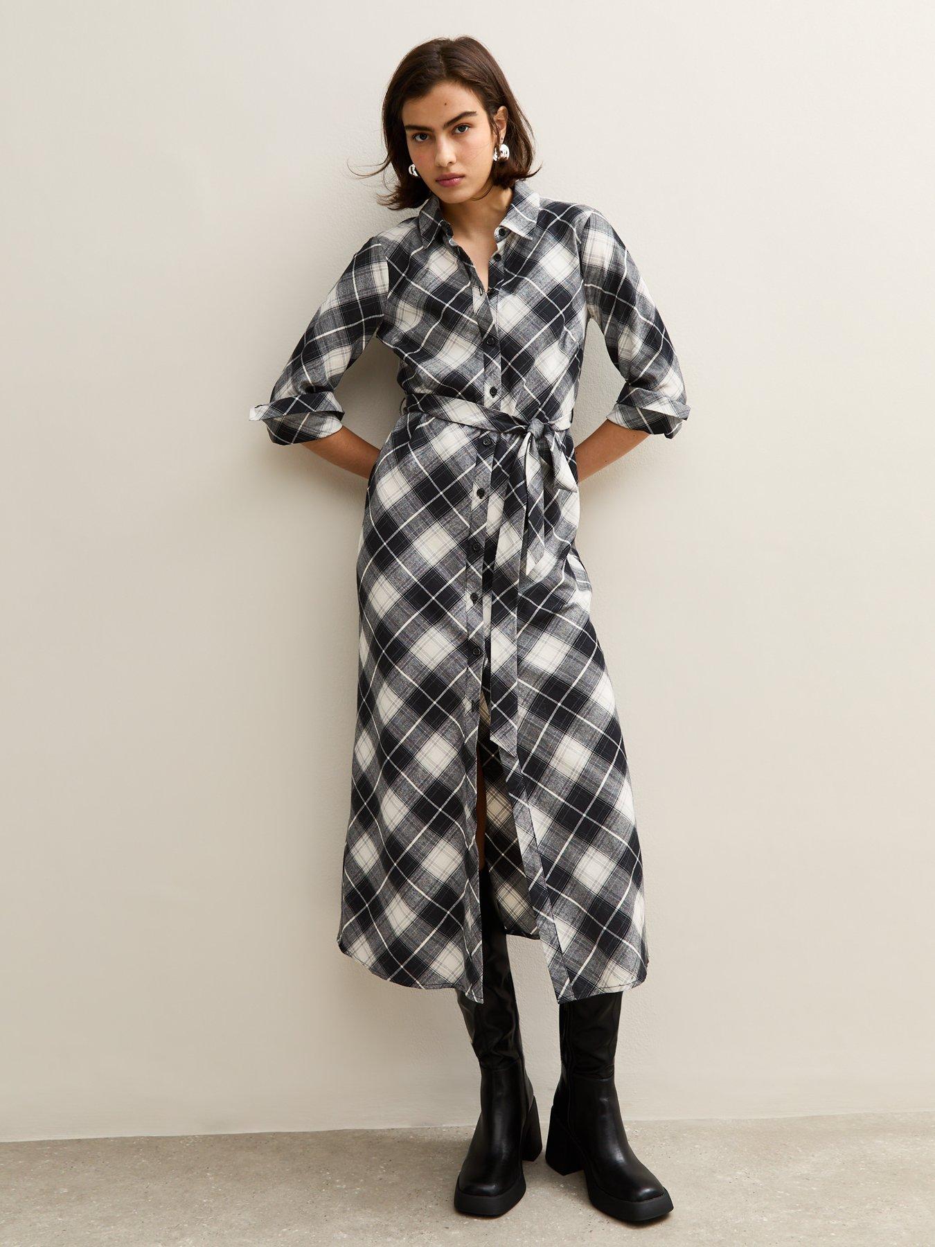 Image 1 of 4 of New Look Cotton Checked Midi Shirt Dress - Black