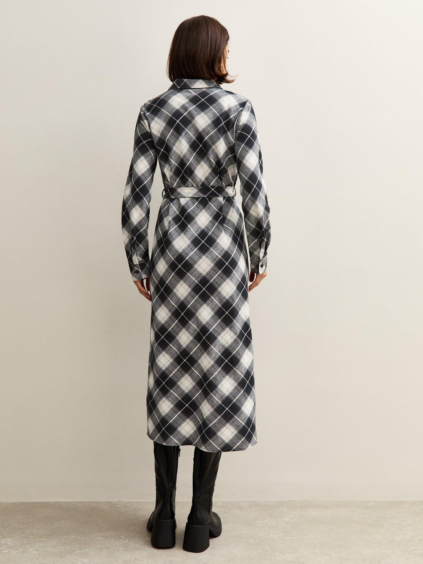Image 2 of 4 of New Look Cotton Checked Midi Shirt Dress - Black