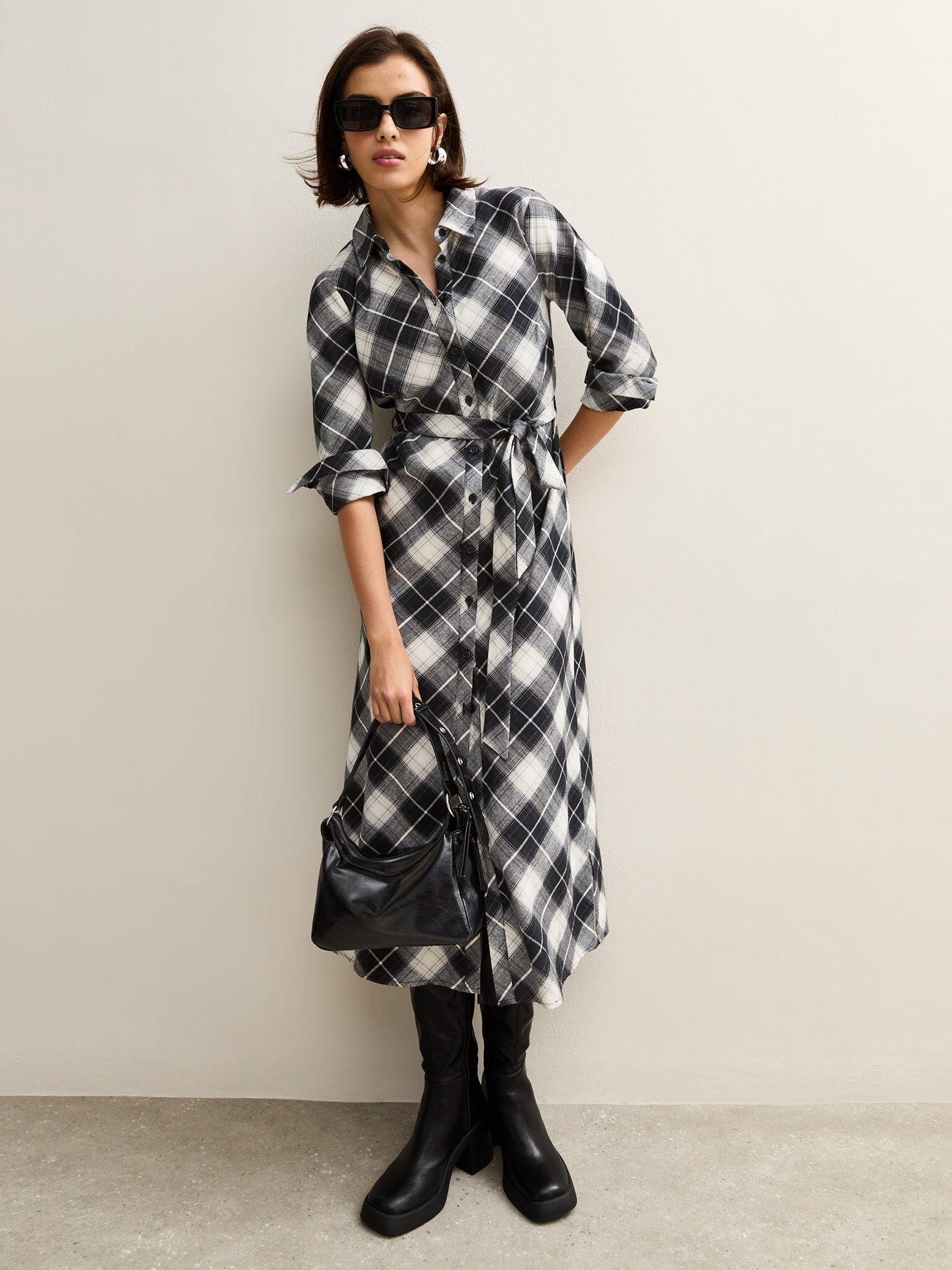 Image 3 of 4 of New Look Cotton Checked Midi Shirt Dress - Black