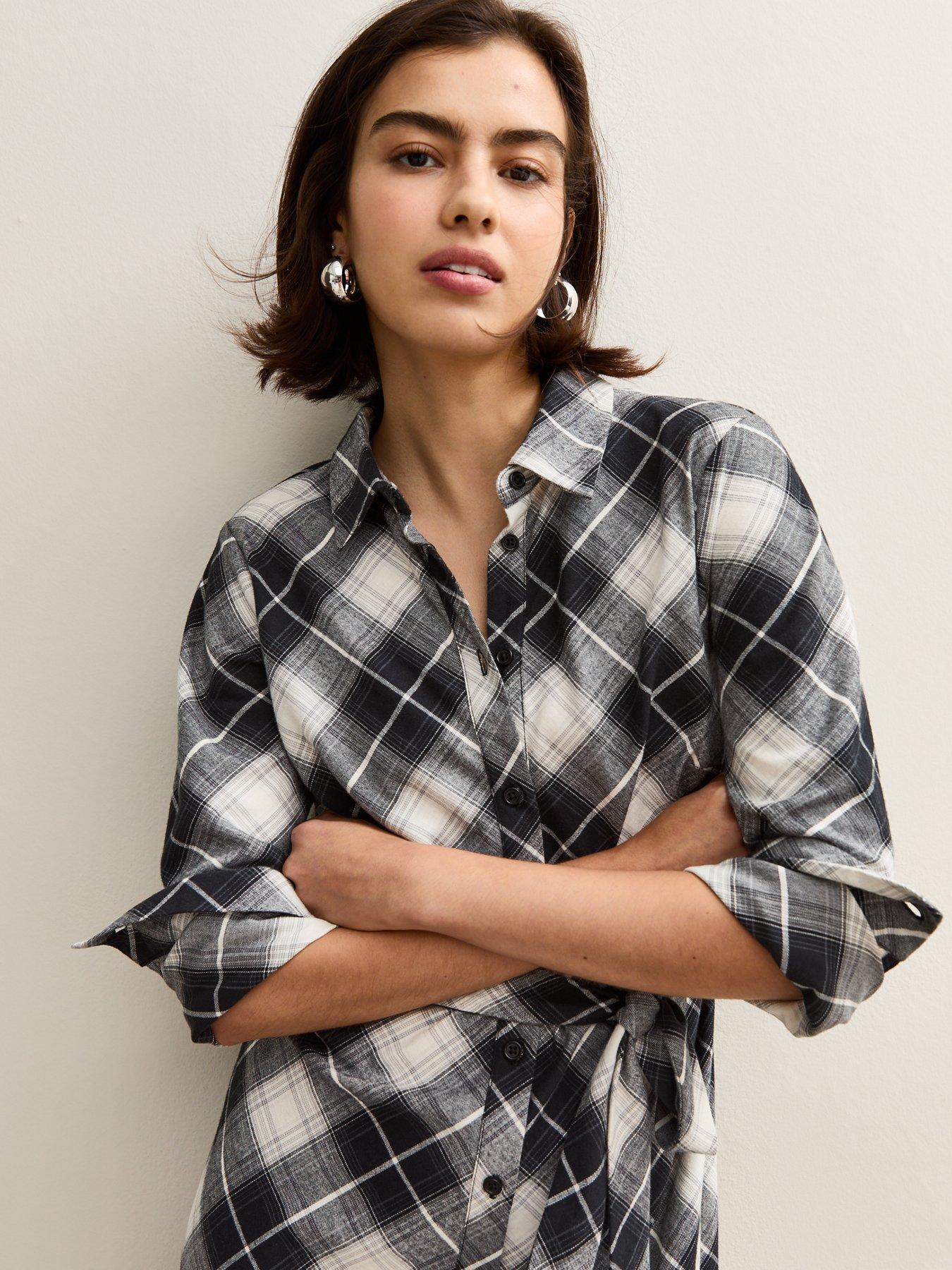 Image 4 of 4 of New Look Cotton Checked Midi Shirt Dress - Black