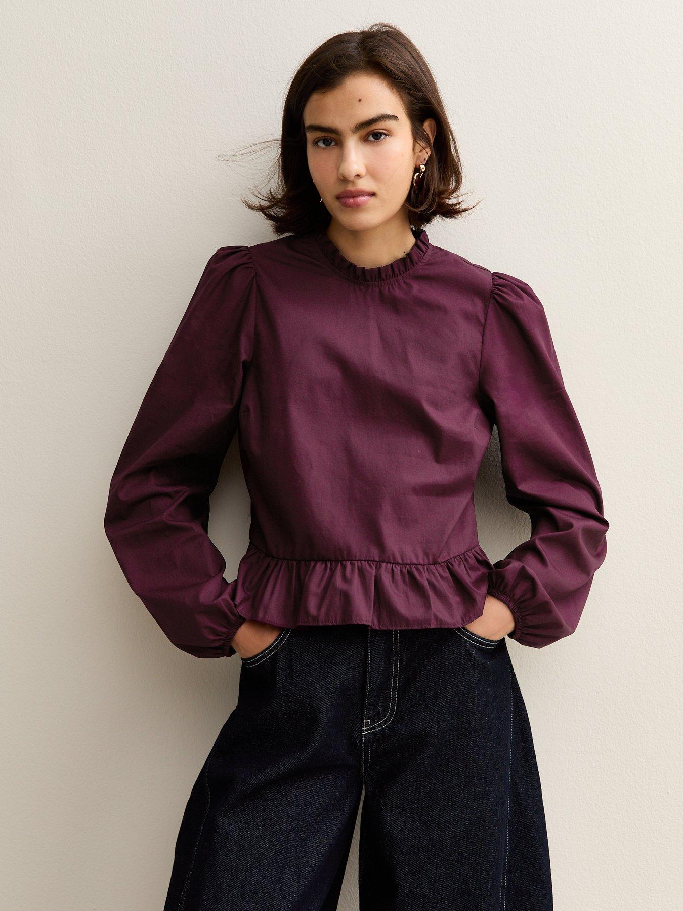 New Look Cotton Ruffled Collar Long Sleeve Top - Burgundy
