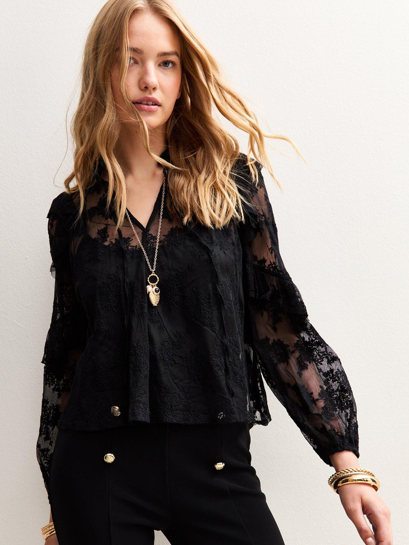 New Look Black Floral Lace High Neck Semi-sheer Blouse