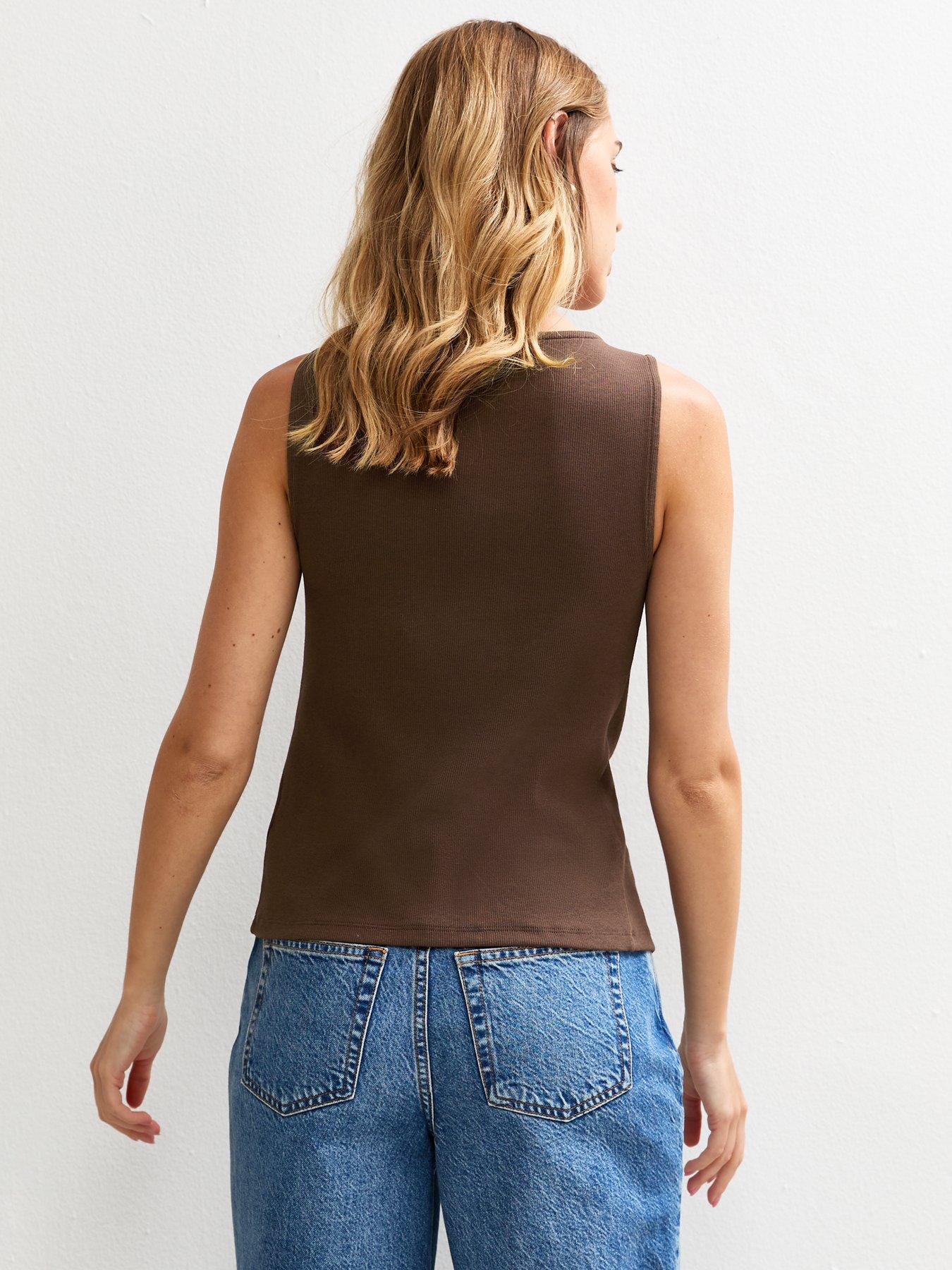 Image 2 of 4 of New Look Dark Brown Ribbed Button Front Tank Top