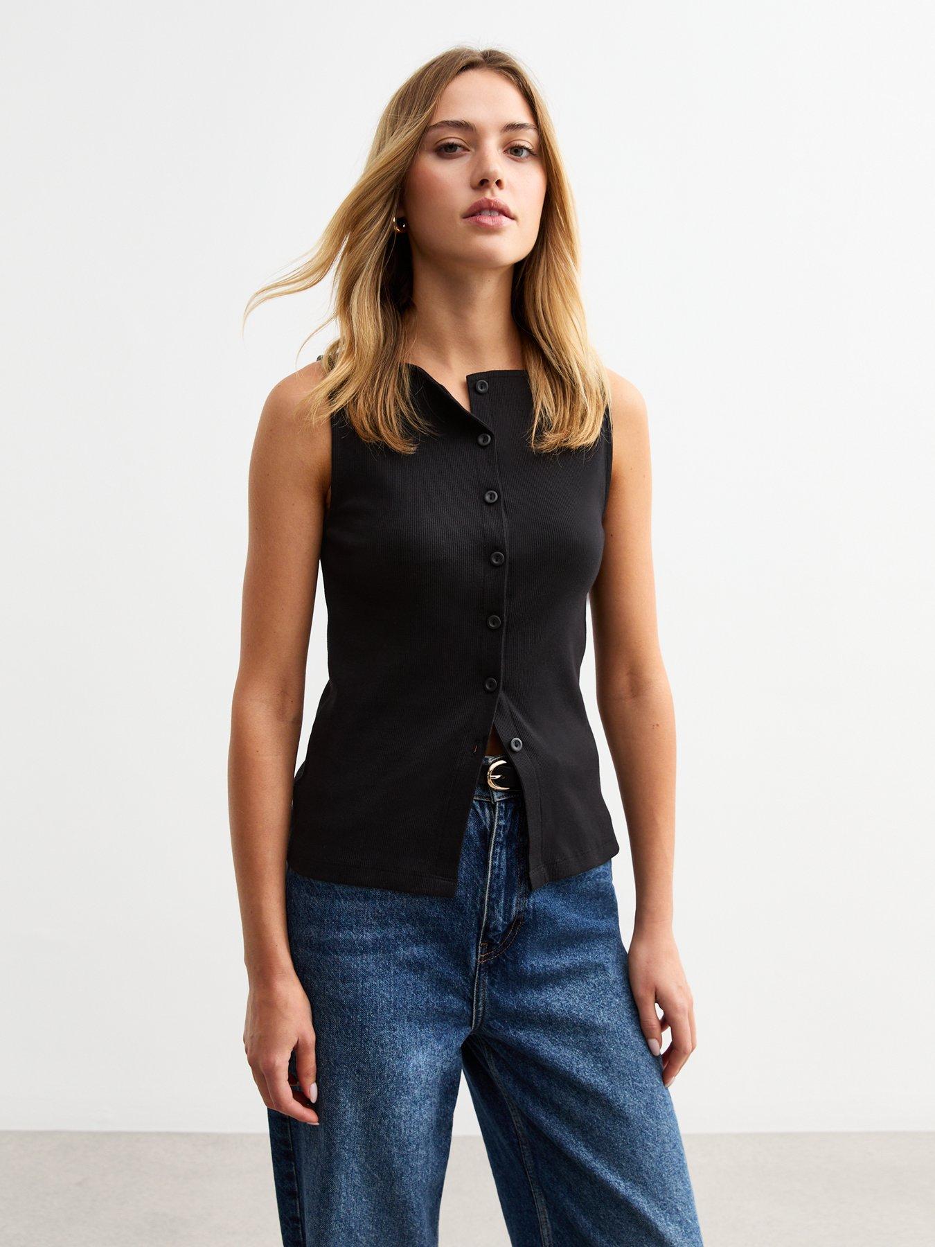 New Look Black Ribbed Button Front Tank Top