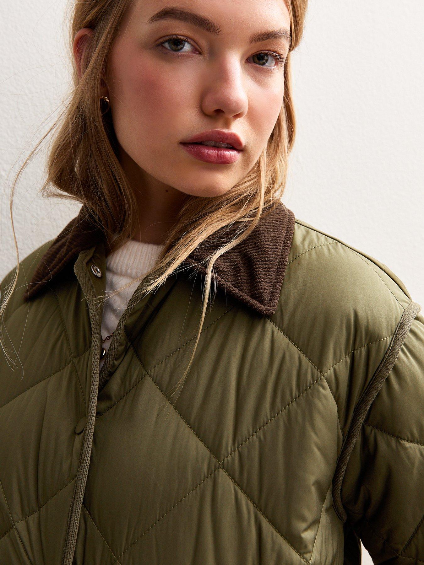 Image 3 of 4 of New Look Corduroy Collar Quilted Jacket - Green