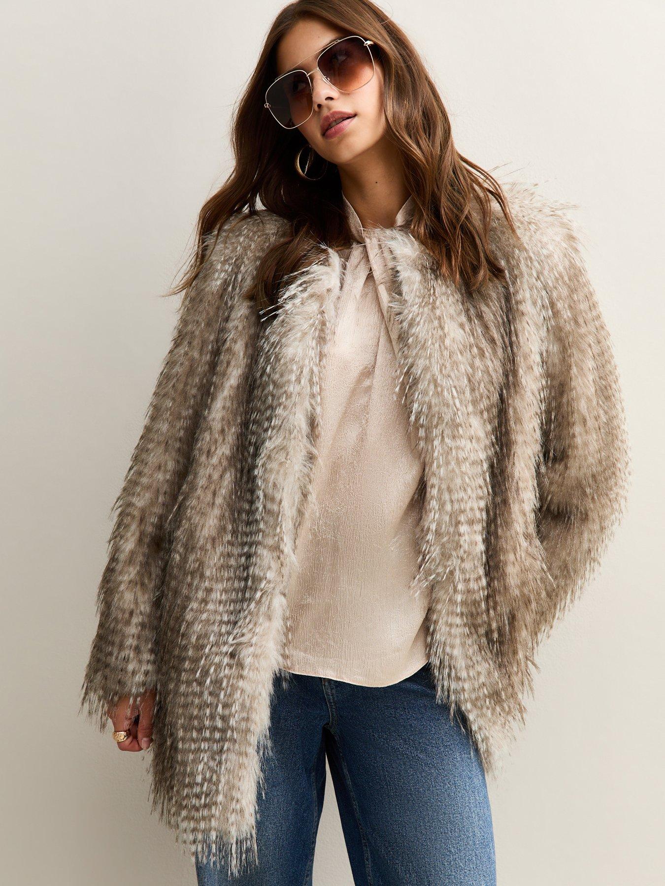 Image 1 of 4 of New Look Faux Fur Midi Coat - White
