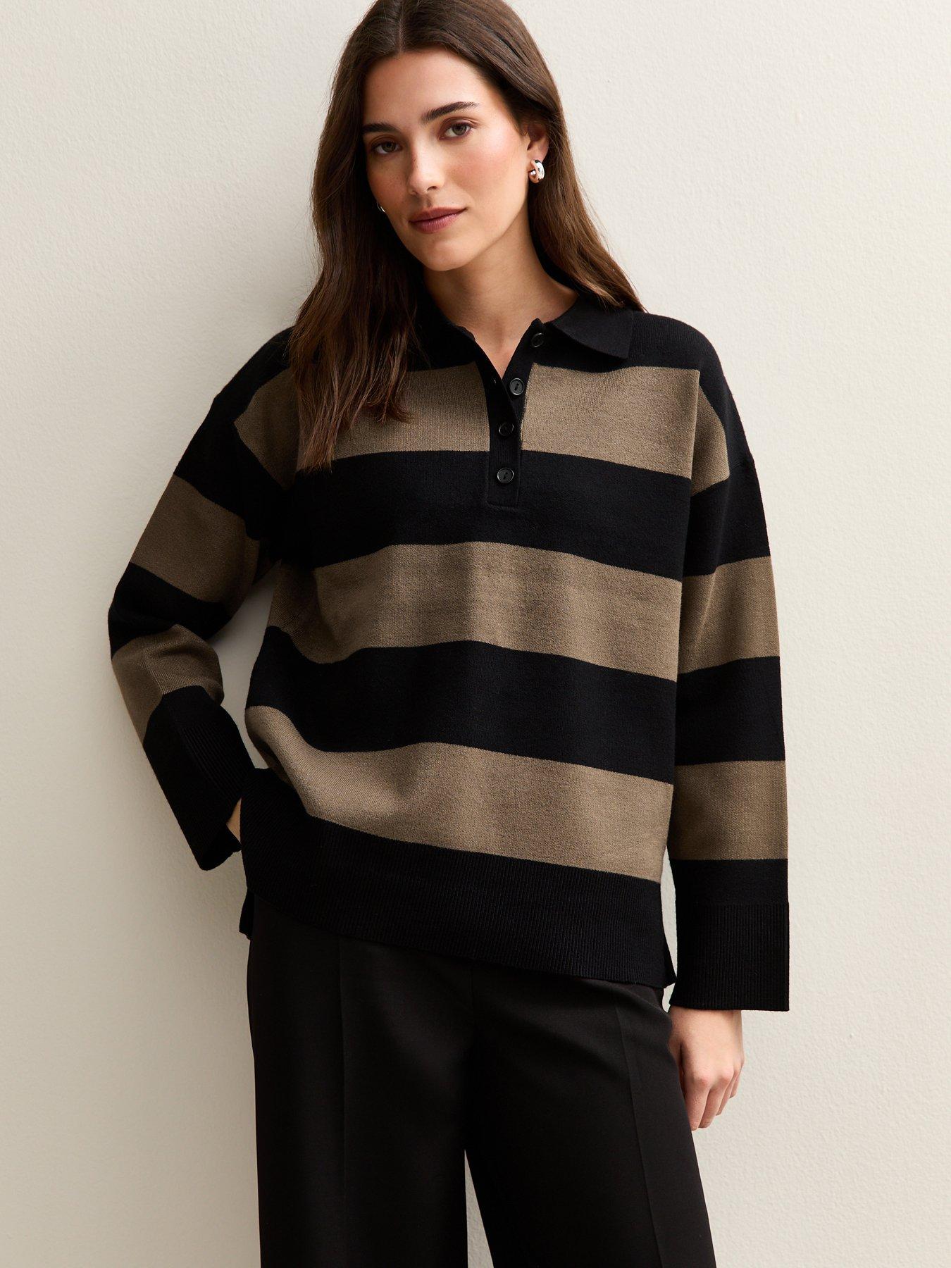 New Look Compact Knit Button Up Polo Top - Stripe