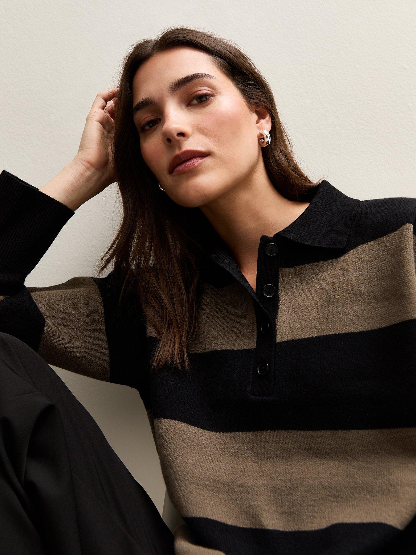 new-look-compact-knit-button-up-polo-top-stripeoutfit