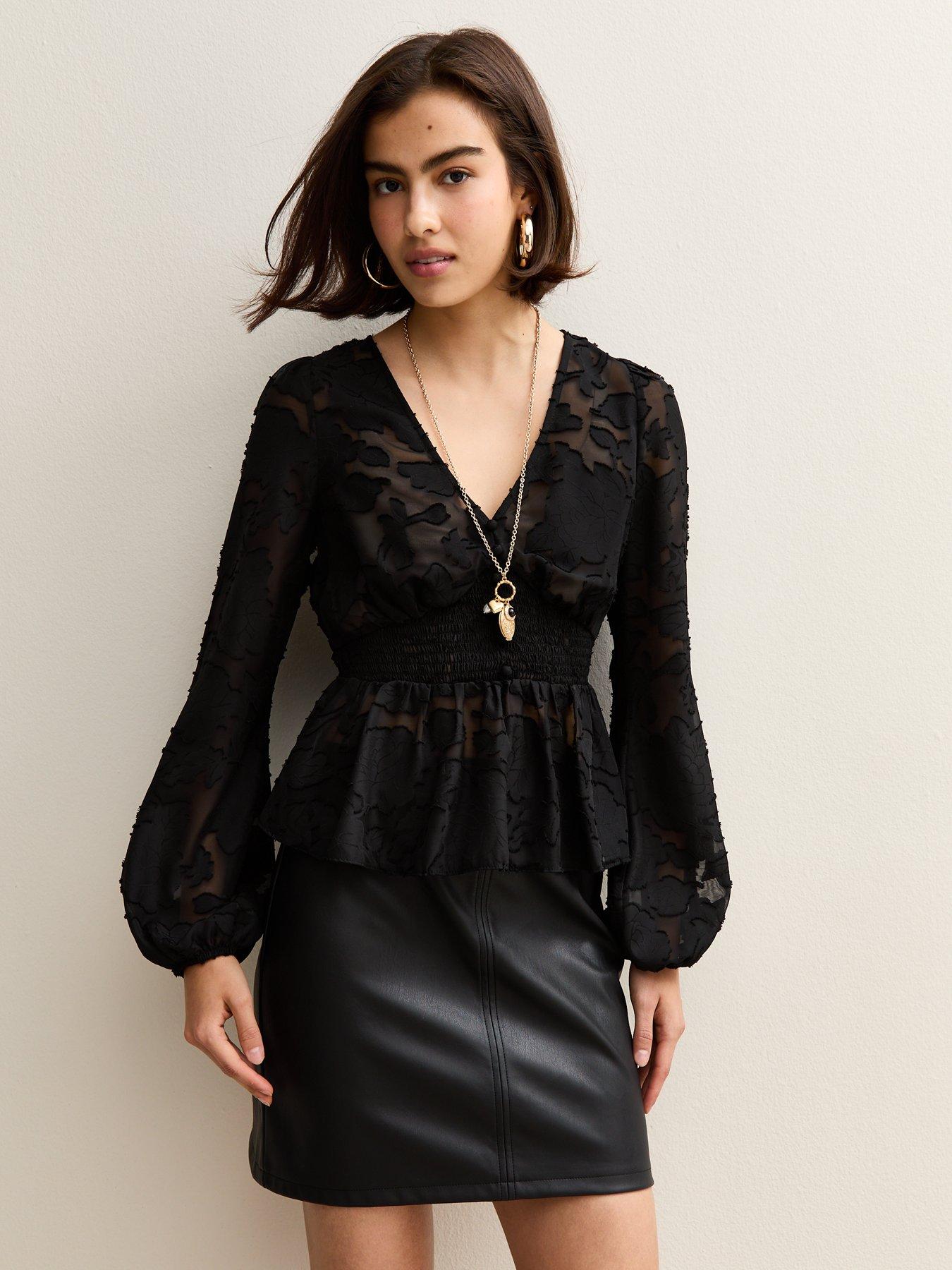 New Look Floral Jacquard Buttoned Long Sleeve Blouse - Black