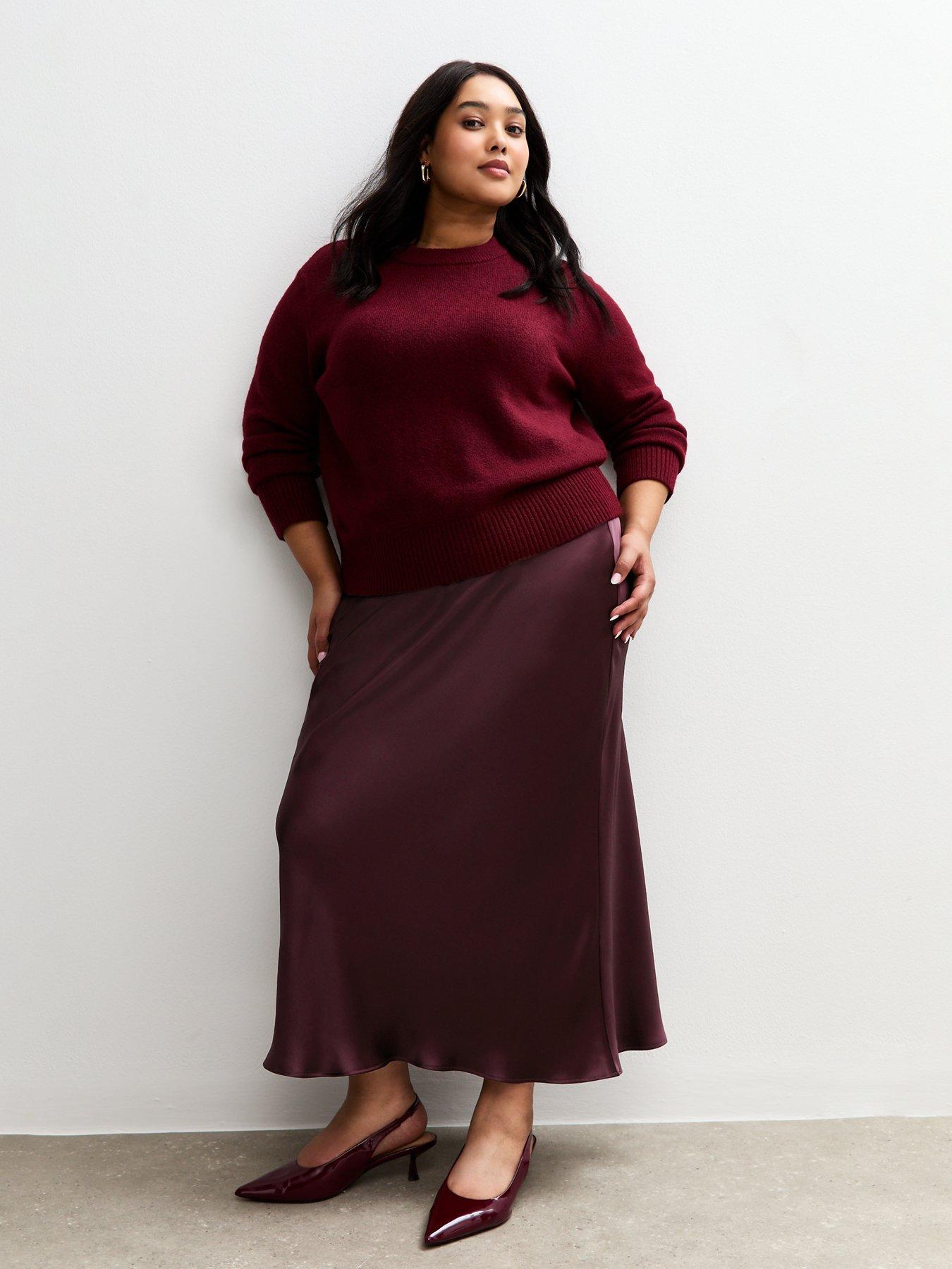 New Look Curves Satin Bias Cut Midi Skirt - Burgundy