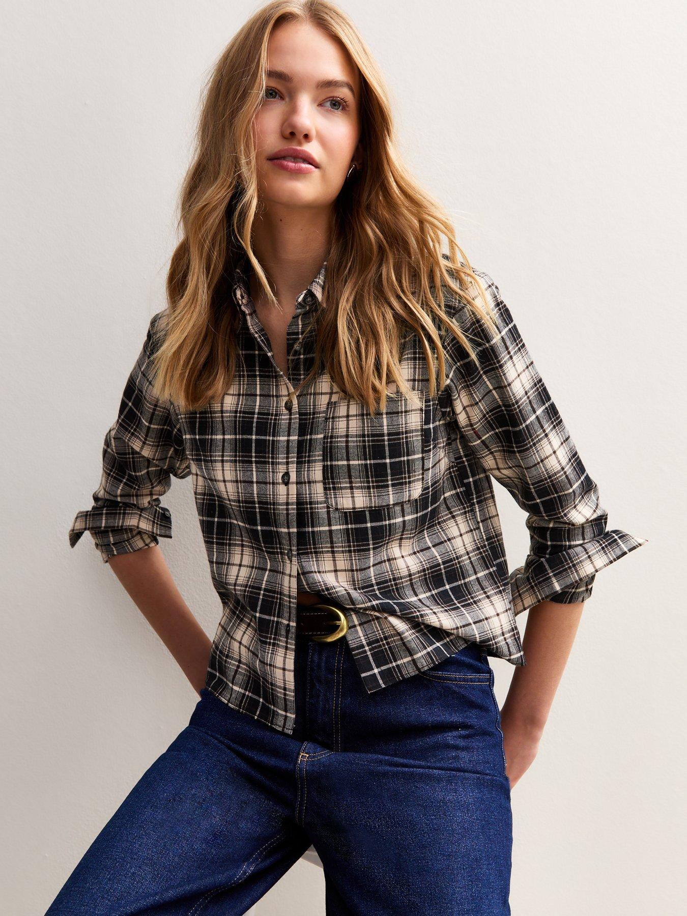 new-look-check-print-long-sleeve-cropped-shirt-black