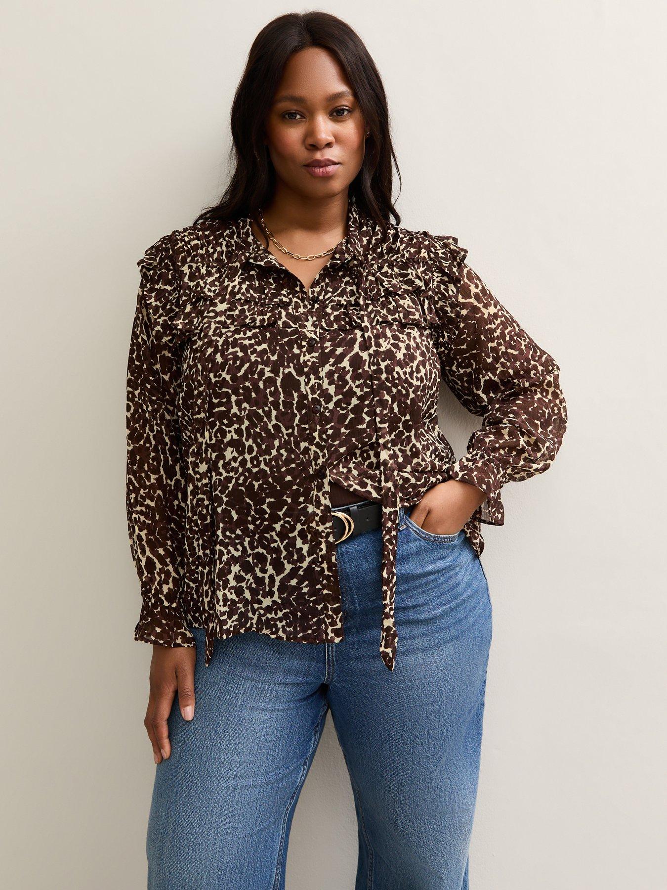 New Look Curves Brown Animal Print Ruffle Trim Tie Neck Blouse
