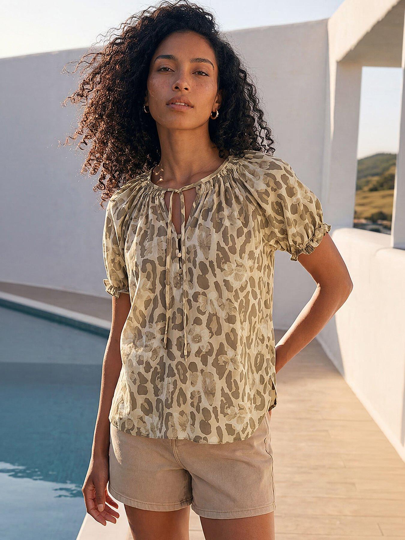 roman-animal-print-tie-neck-top-taupe