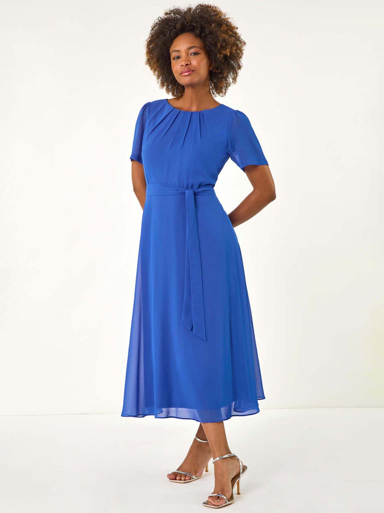 Roman Pleat Chiffon Belted Midi Dress - Blue