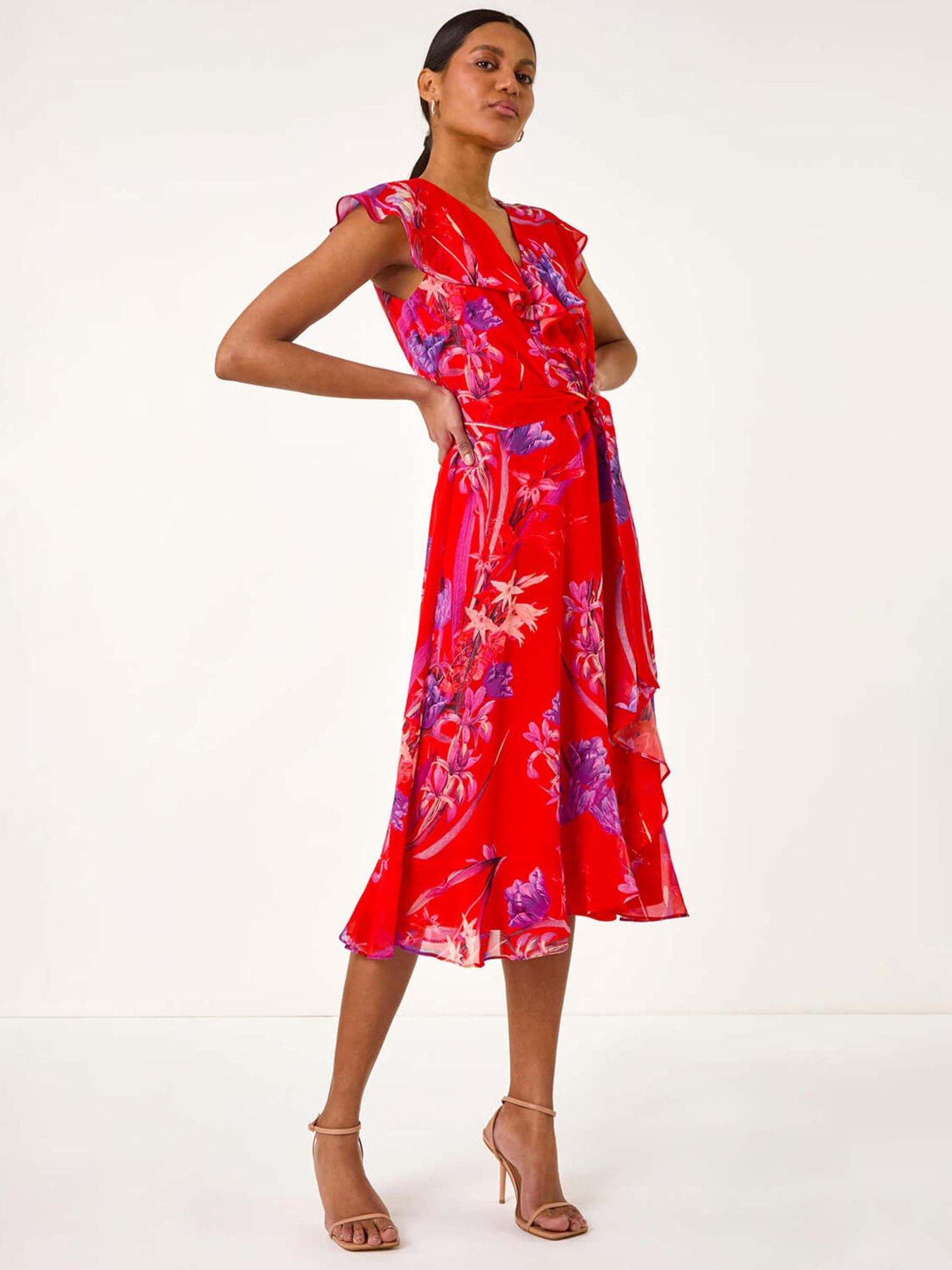 Roman Floral Print Ruffle Wrap Front Midi Dress - Red | Very Ireland