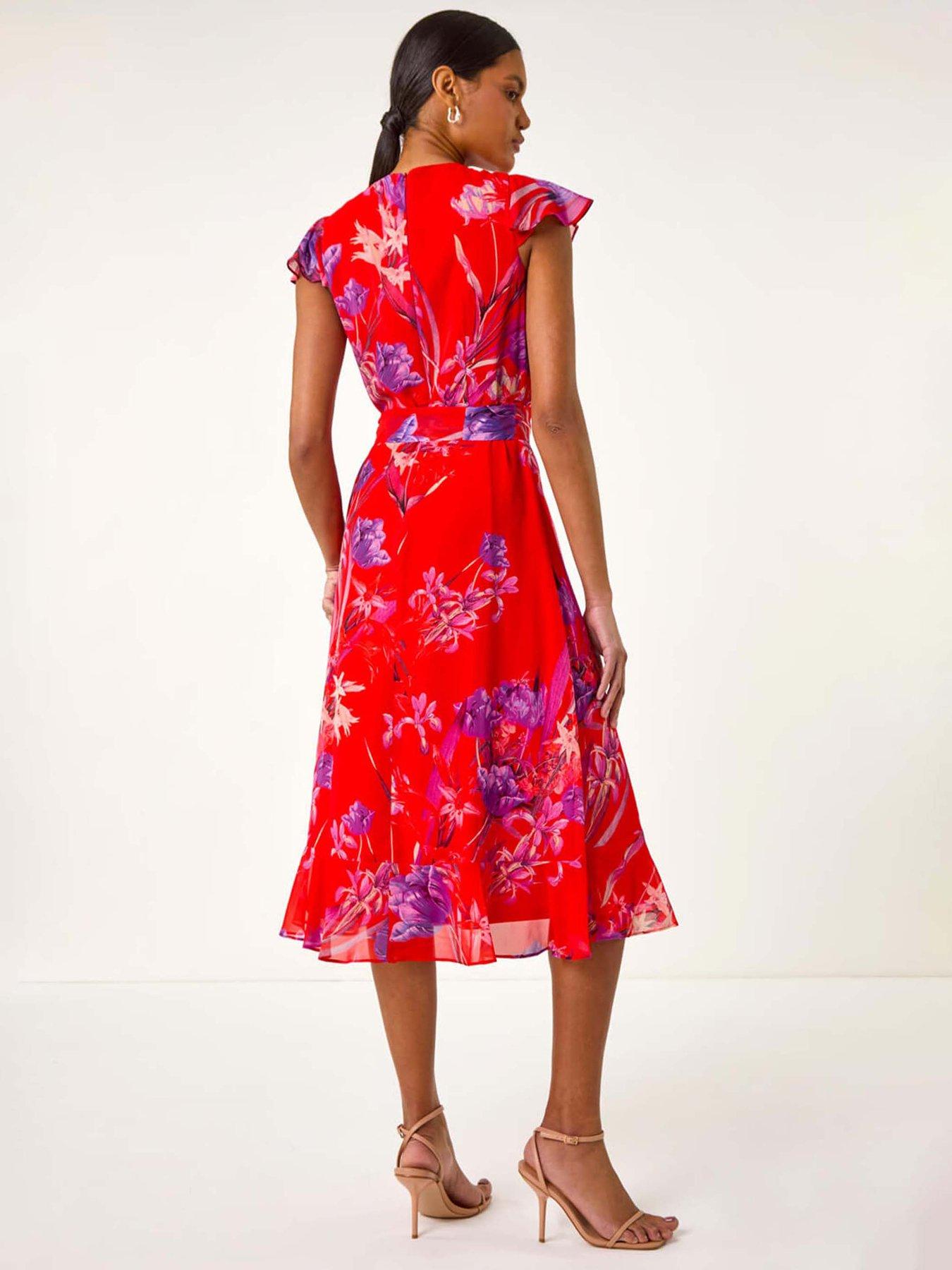 roman-floral-print-ruffle-wrap-front-midi-dress-redstillFront