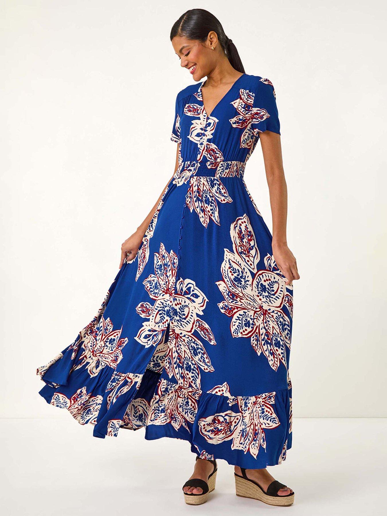 roman-leaf-print-shirred-maxi-dress-blue