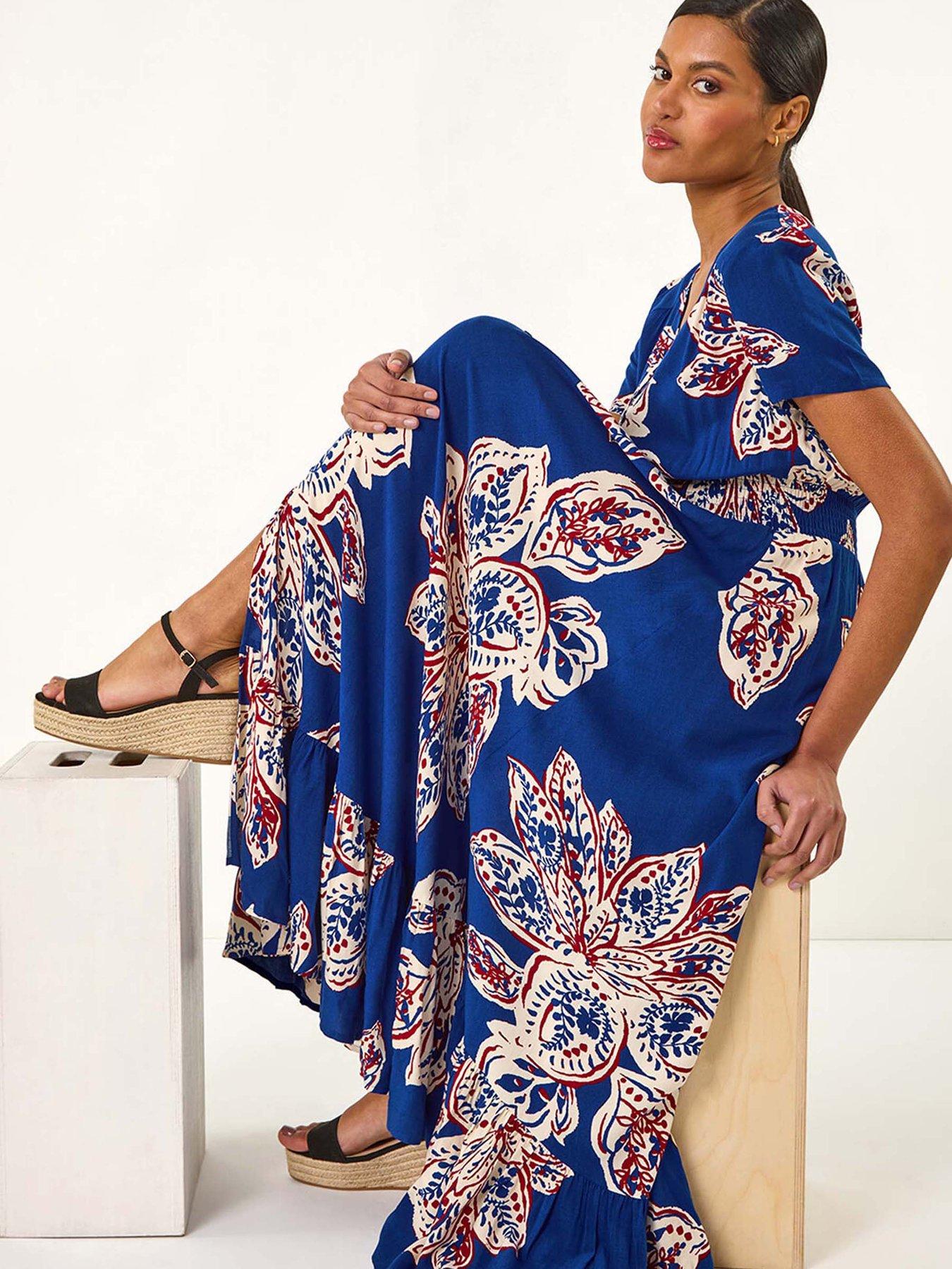 roman-leaf-print-shirred-maxi-dress-blueoutfit
