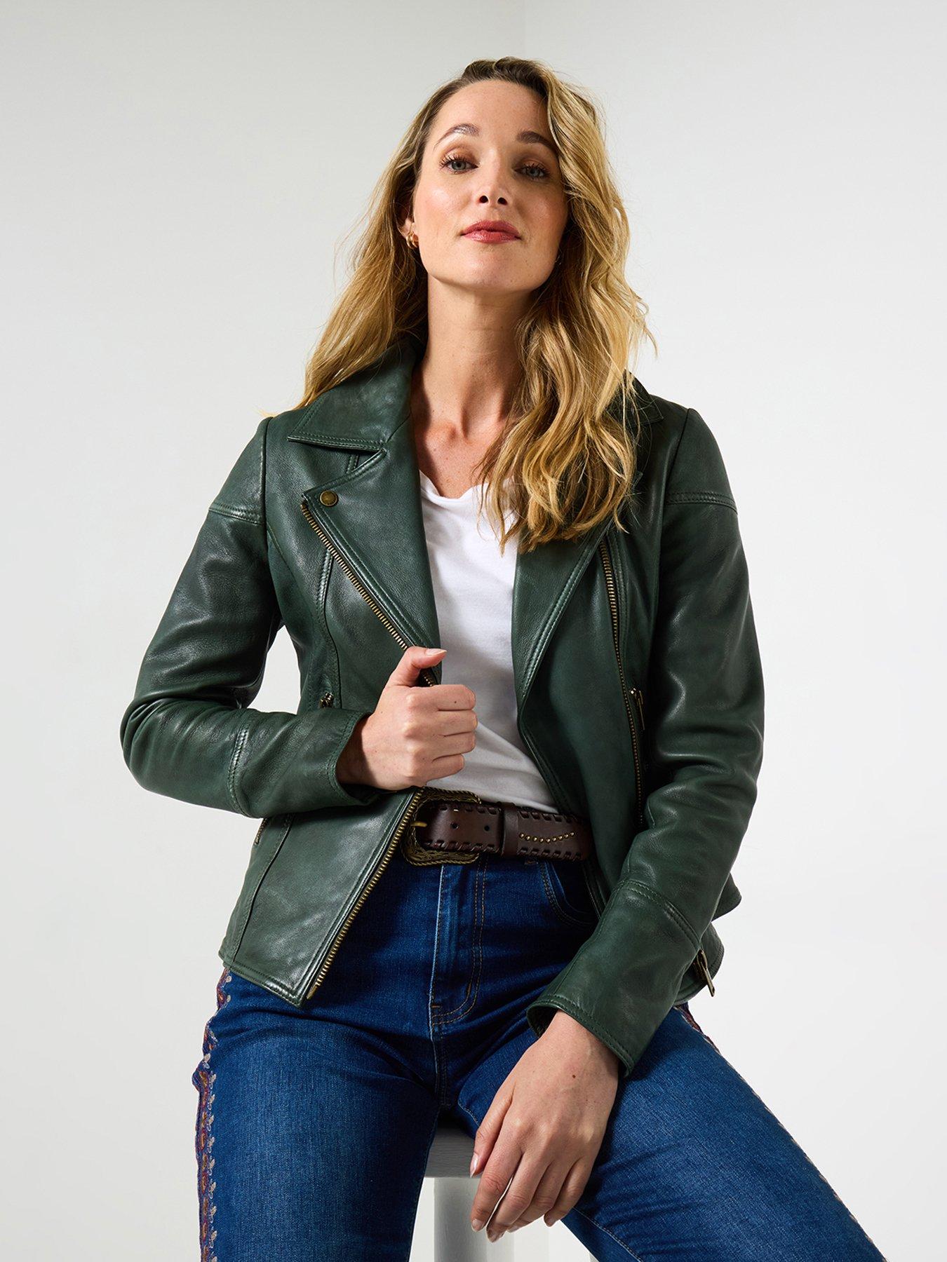 Joe Browns Super Soft Leather Collared Biker Jacket - Green