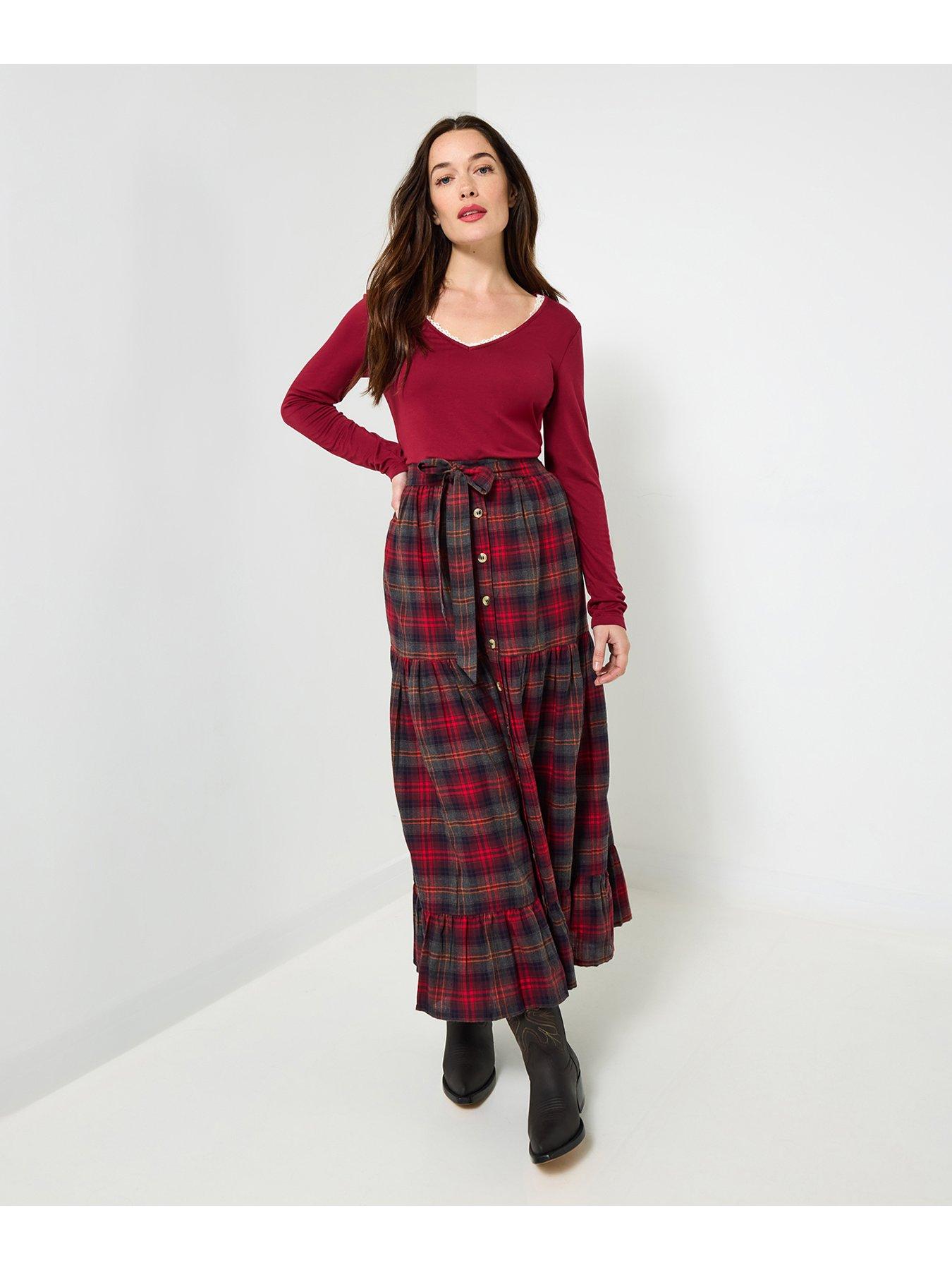 Image 1 of 6 of Joe Browns Bonnie Button Front Check Maxi Skirt - Red