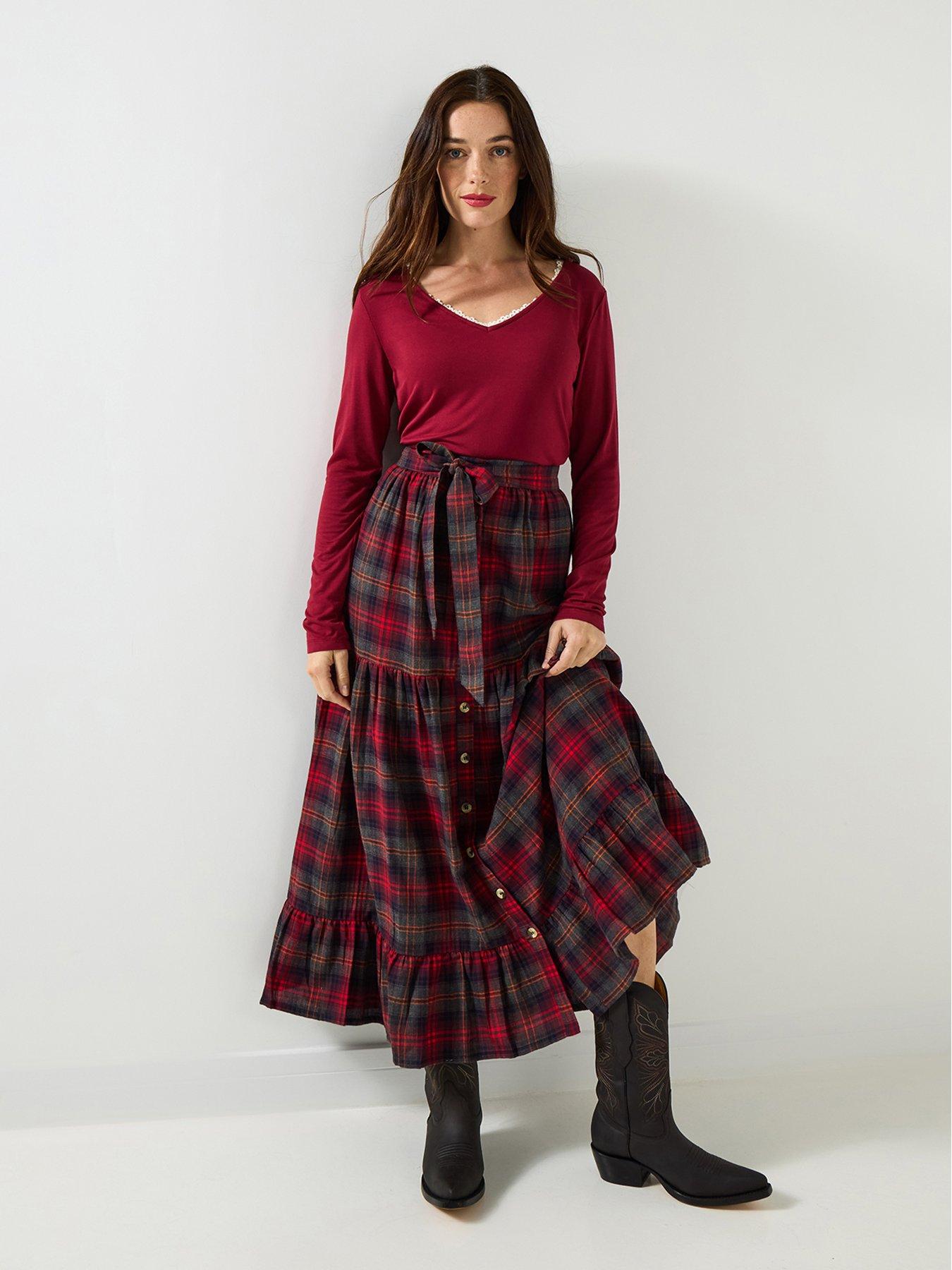 Image 3 of 6 of Joe Browns Bonnie Button Front Check Maxi Skirt - Red