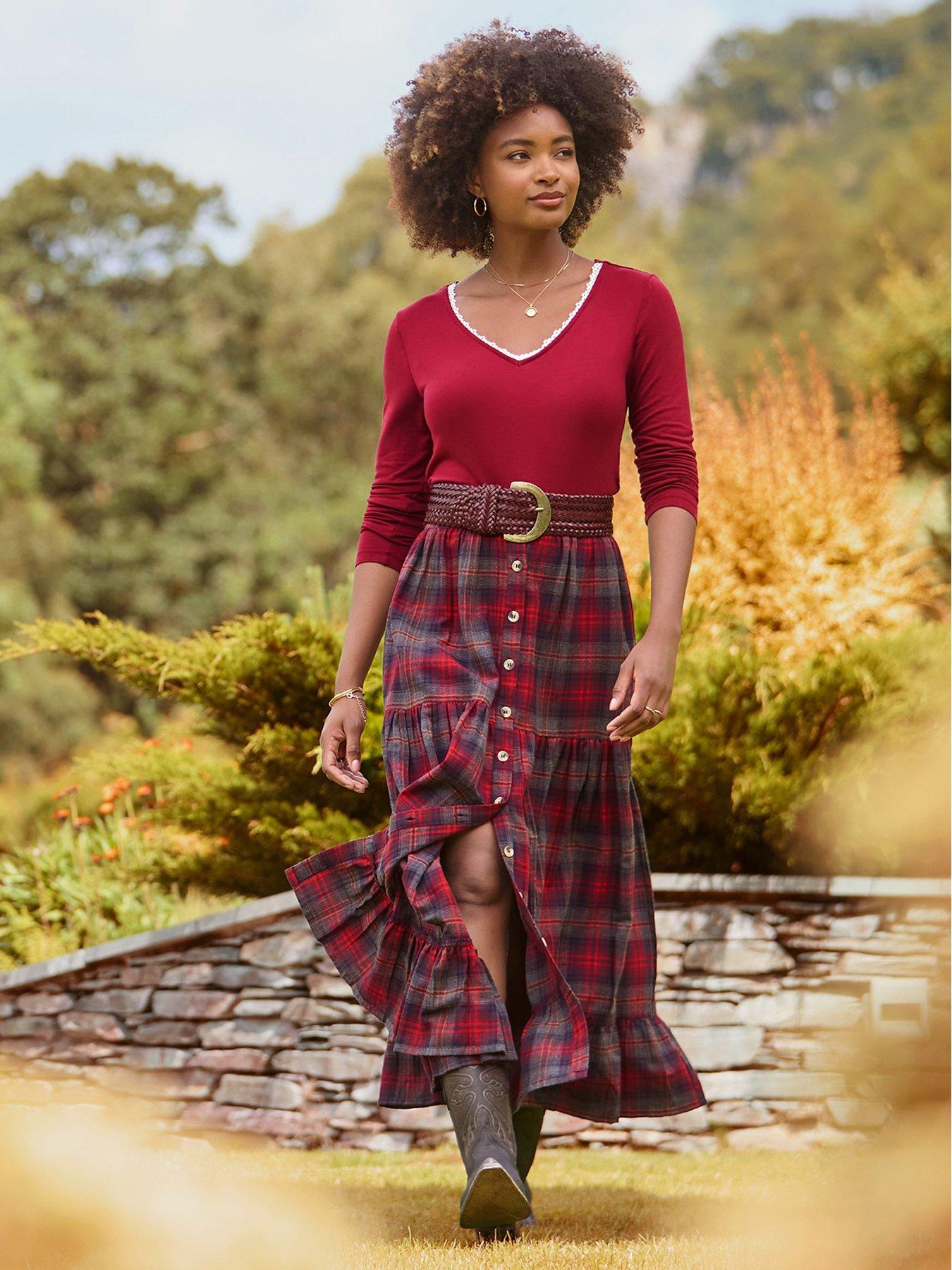 Image 5 of 6 of Joe Browns Bonnie Button Front Check Maxi Skirt - Red