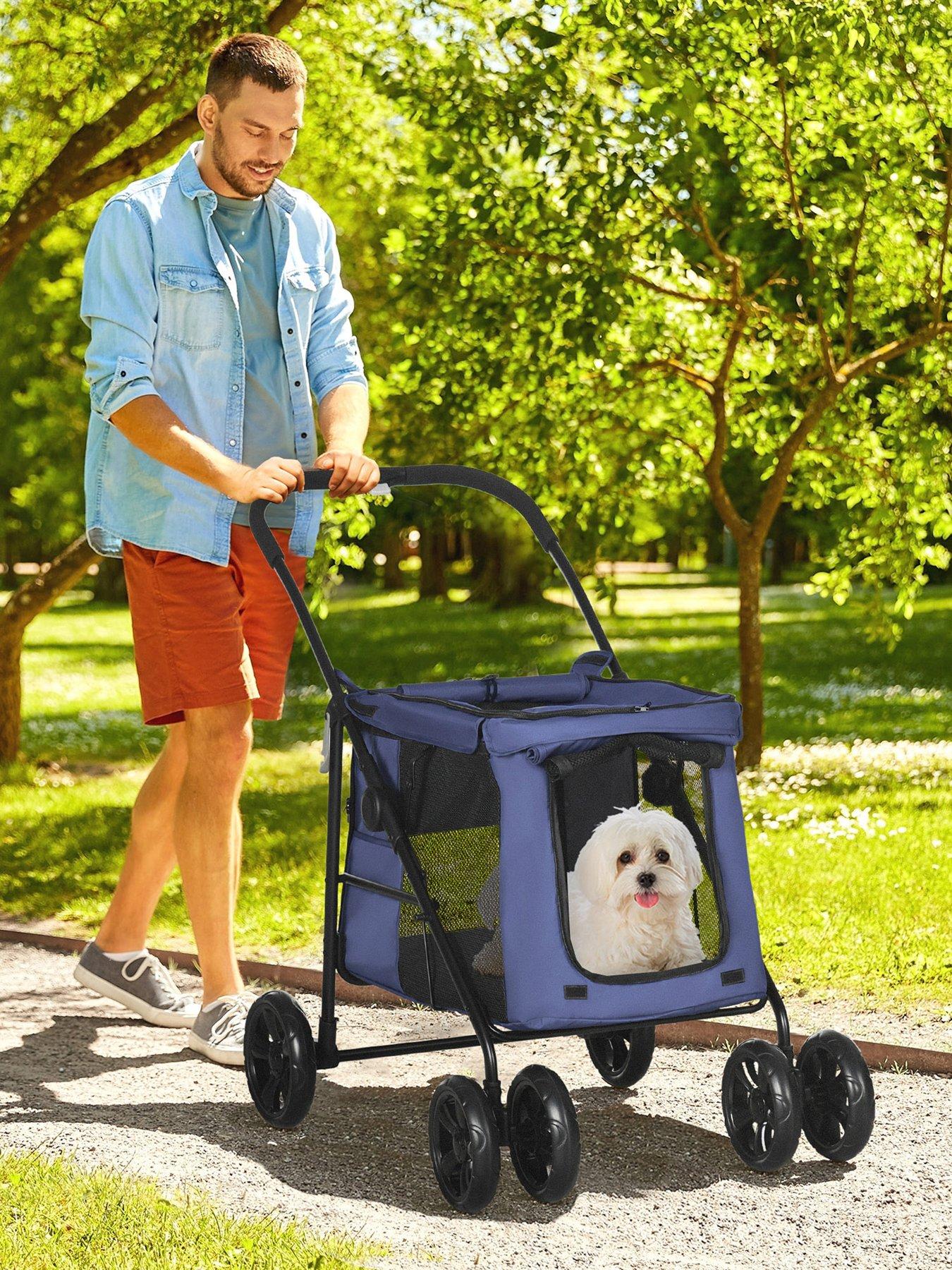 pawhut-one-click-foldable-pet-stroller-w-mesh-windows-for-small-pets-blue