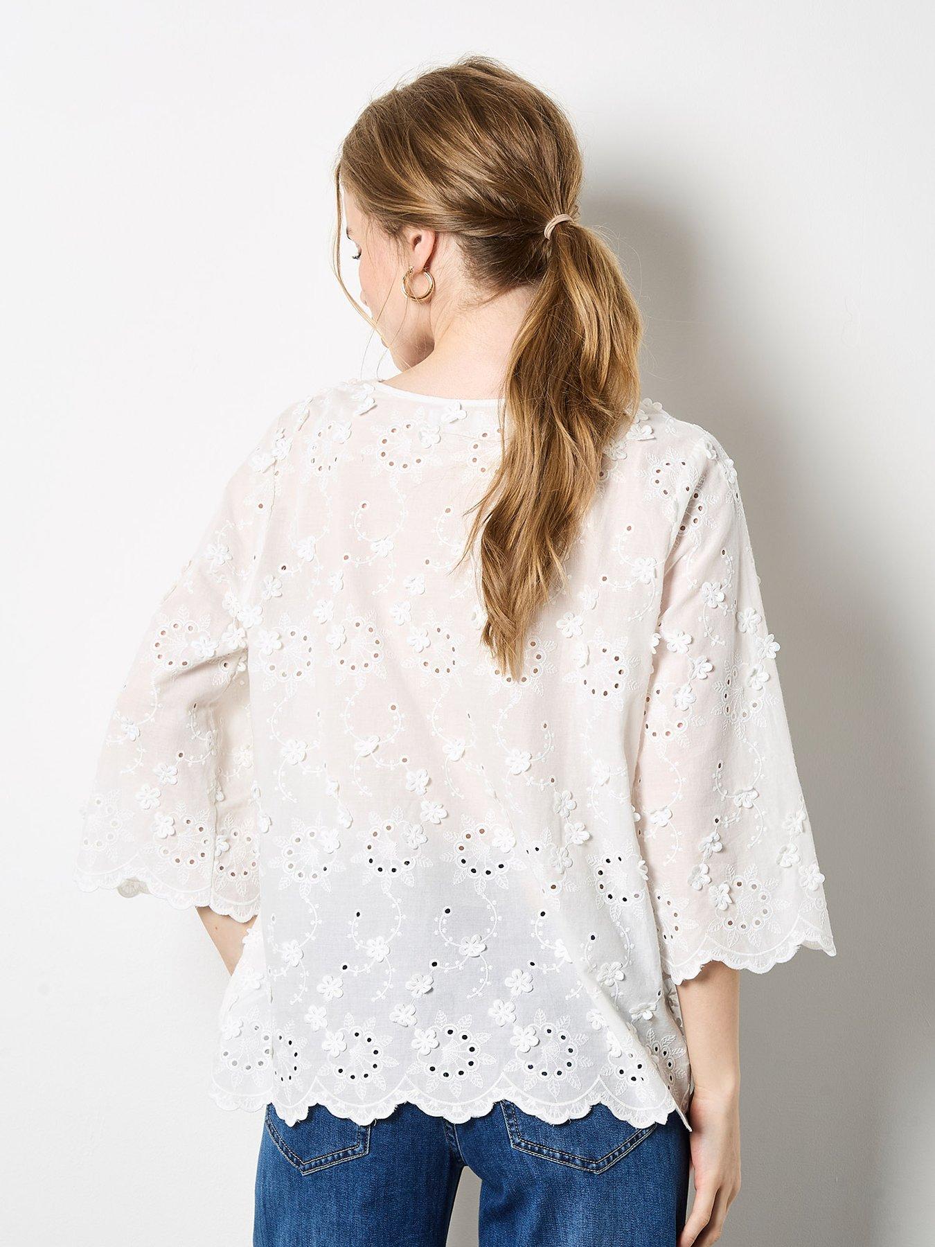 apricot-3d-mini-flower-bell-sleeve-top-whitestillFront