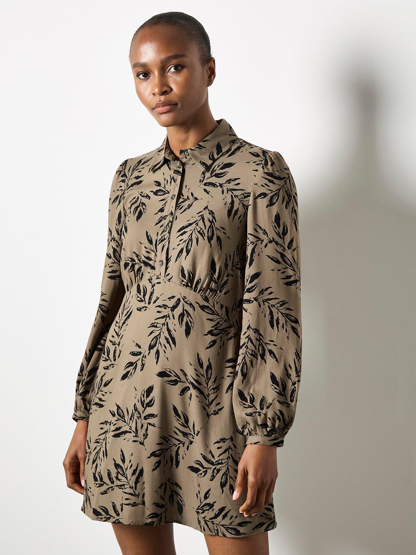 Apricot Pressed Leaf V-Shape Dress - Khaki