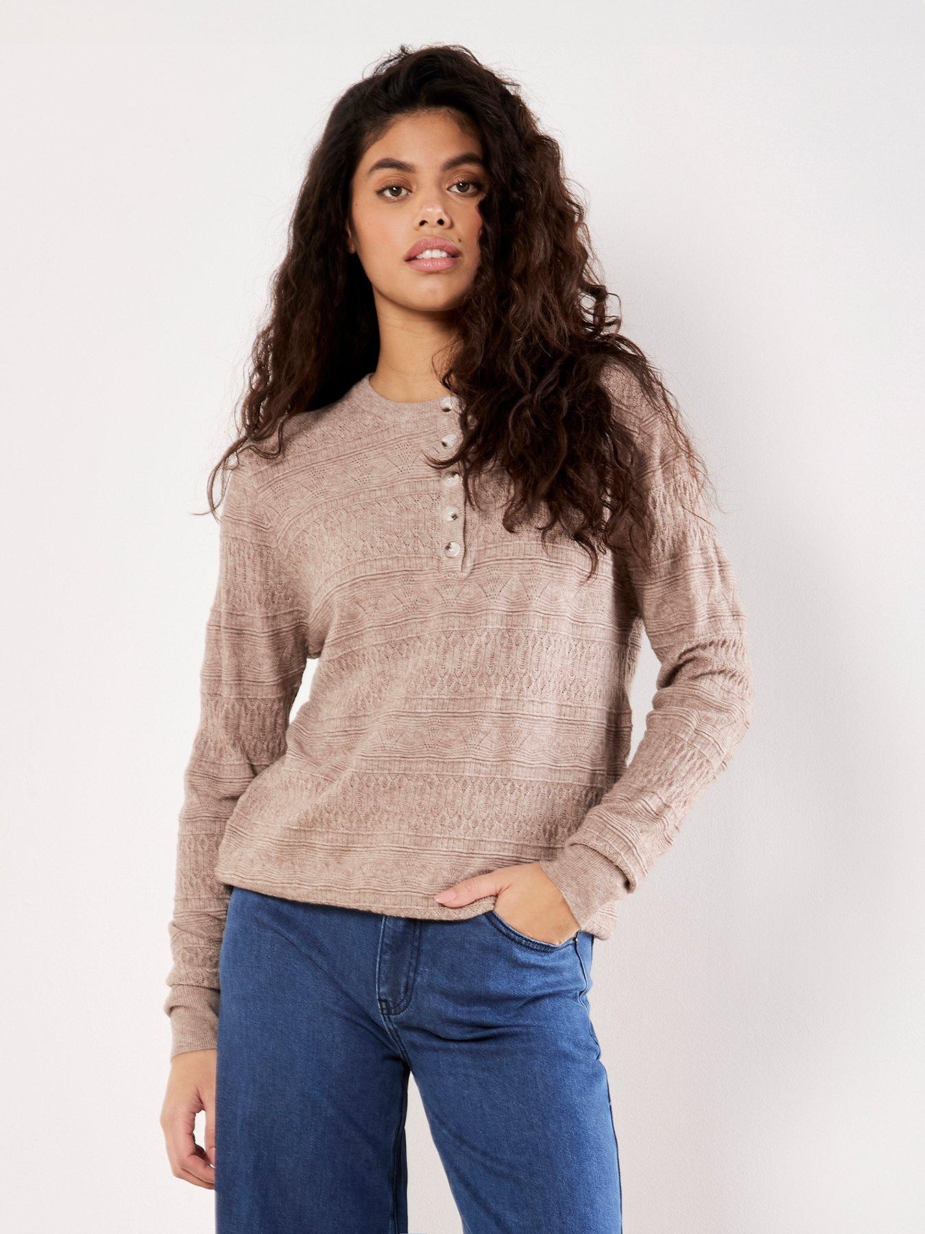 Image 1 of 4 of Apricot Button Detail Pointelle Jumper - Beige