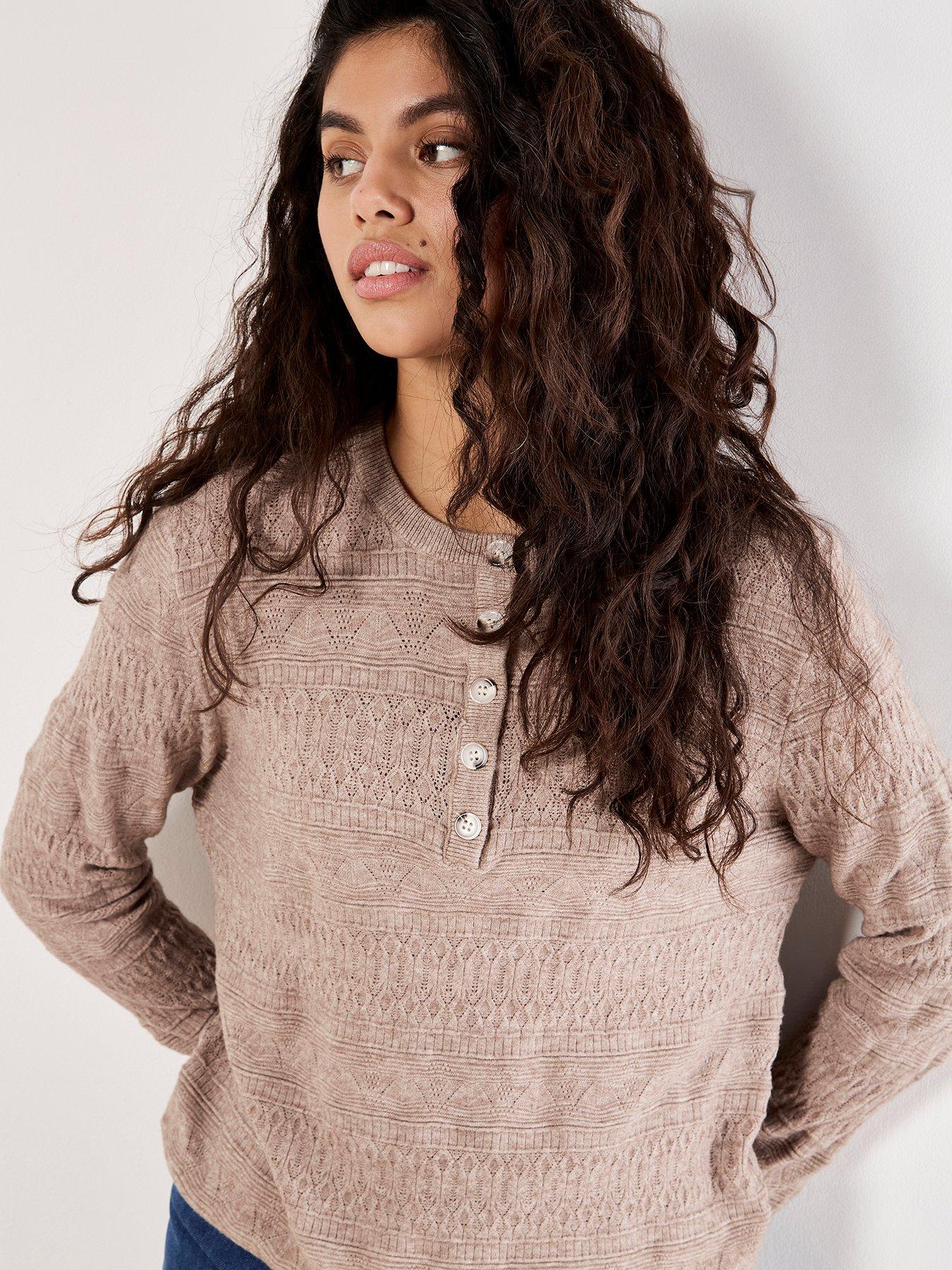 Image 4 of 4 of Apricot Button Detail Pointelle Jumper - Beige