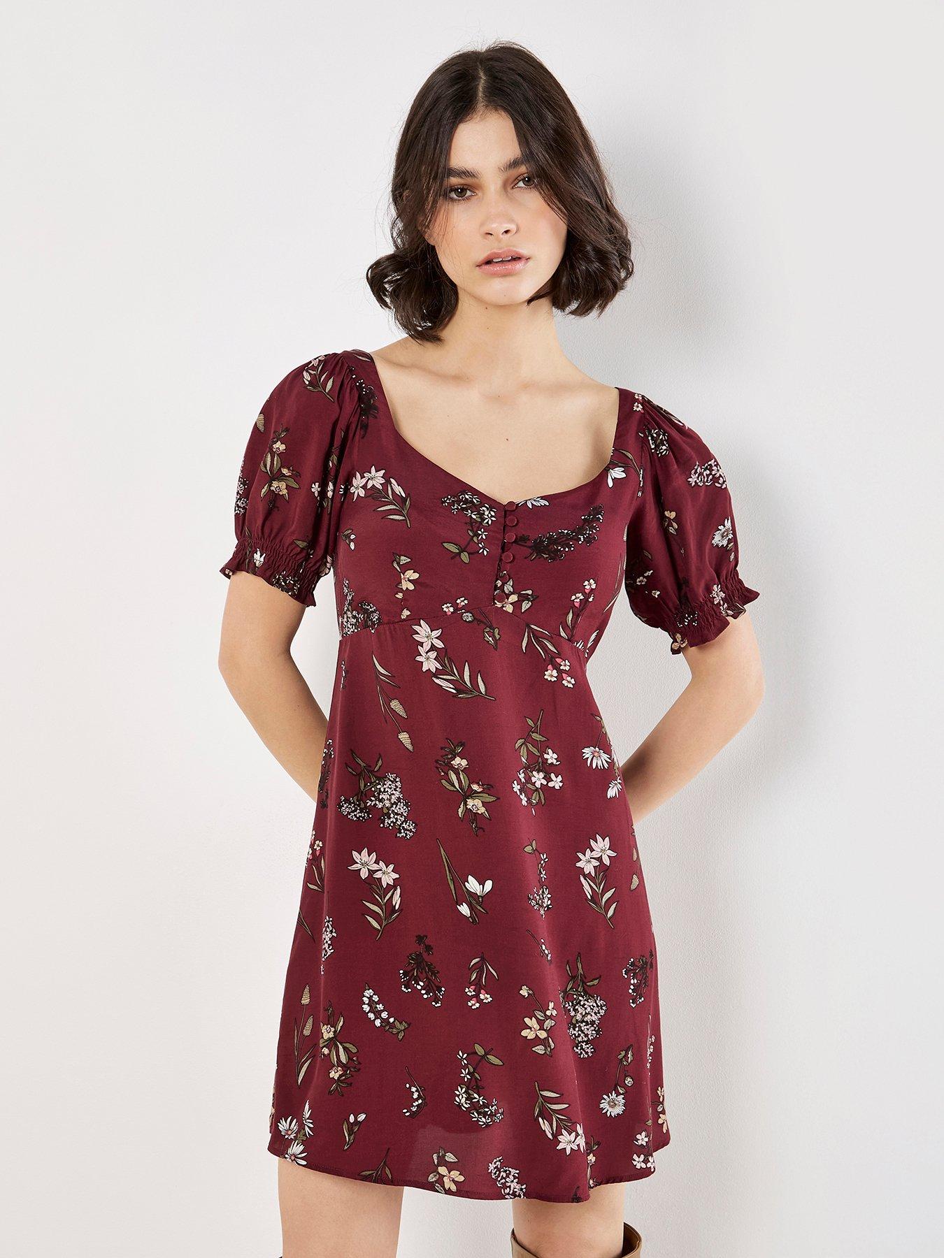 Apricot Botanical Floral Tea Dress - Red