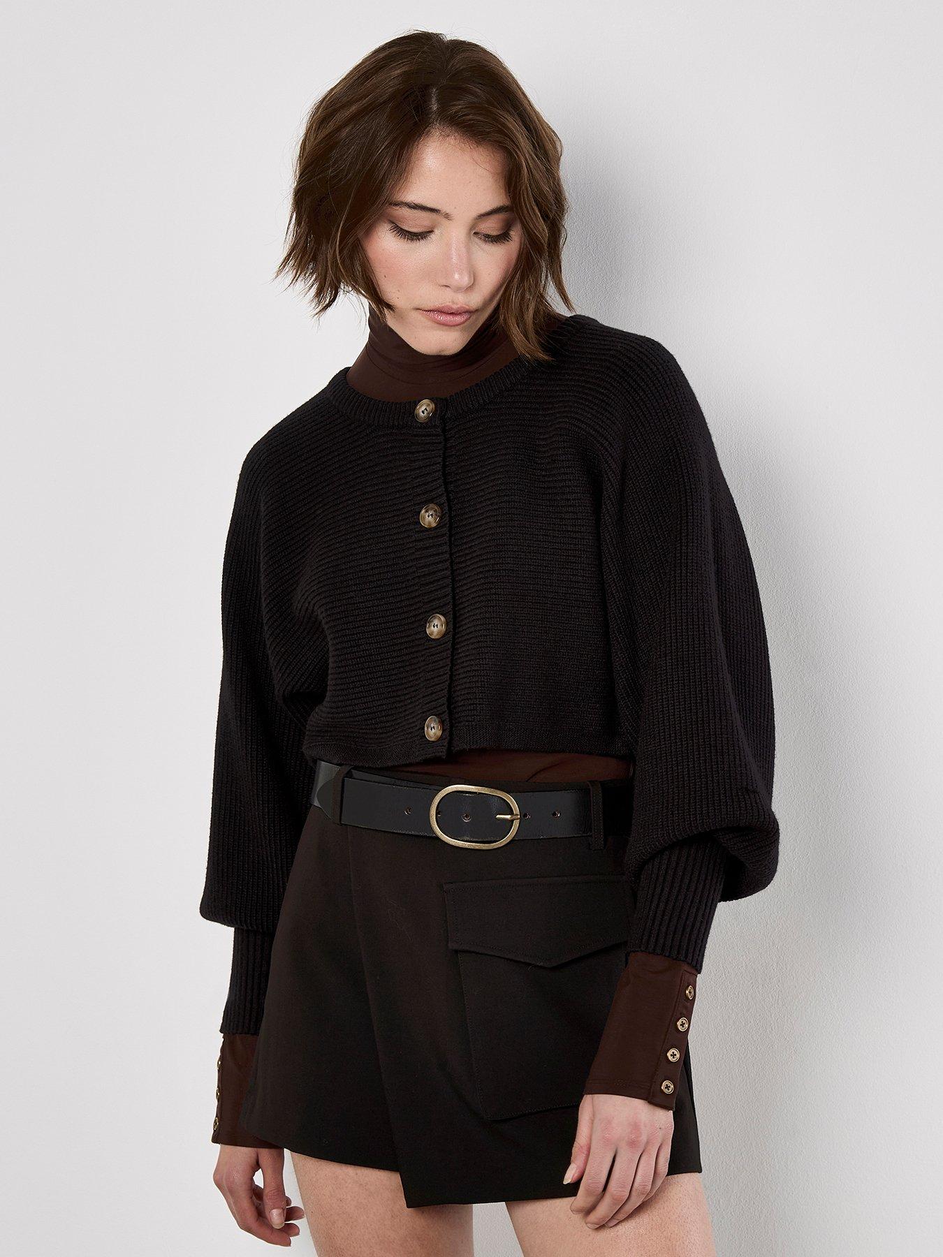 Apricot Ribbed Batwing Cropped Cardigan - Black