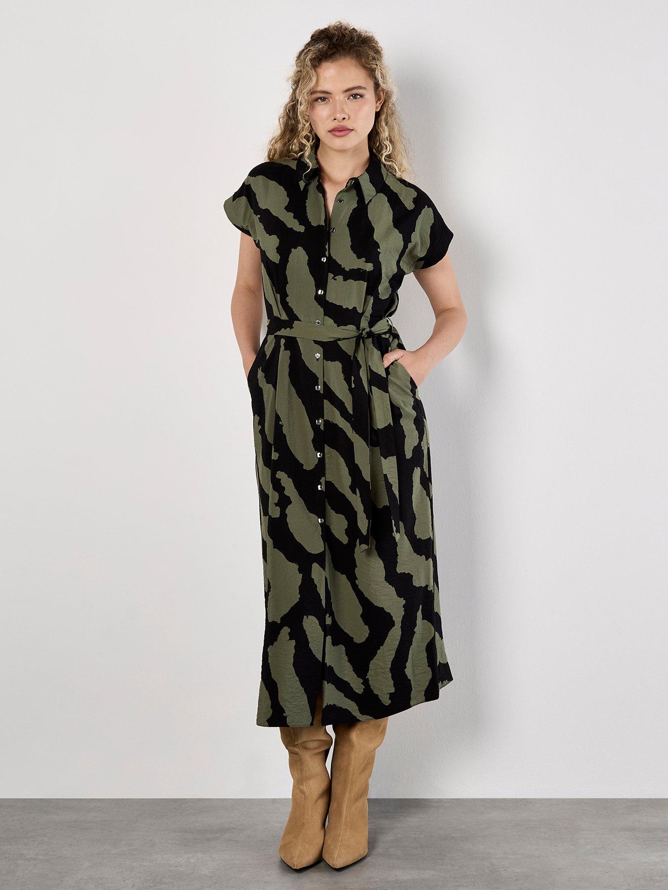 Apricot Painterly Zebra Print Shirt Dress - Khaki
