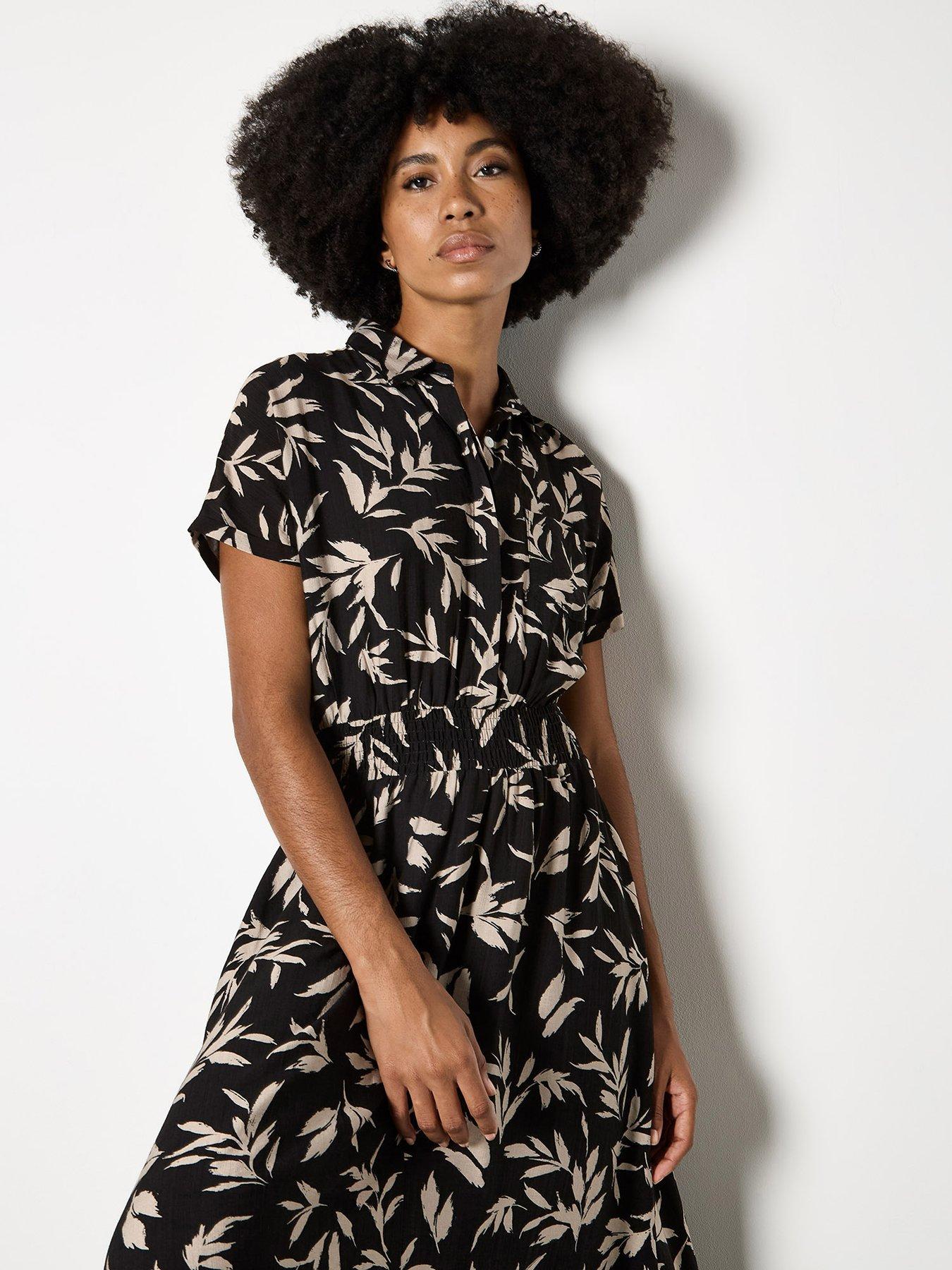 Apricot Textured Mono Leaf Shirt Midi Dress - Black