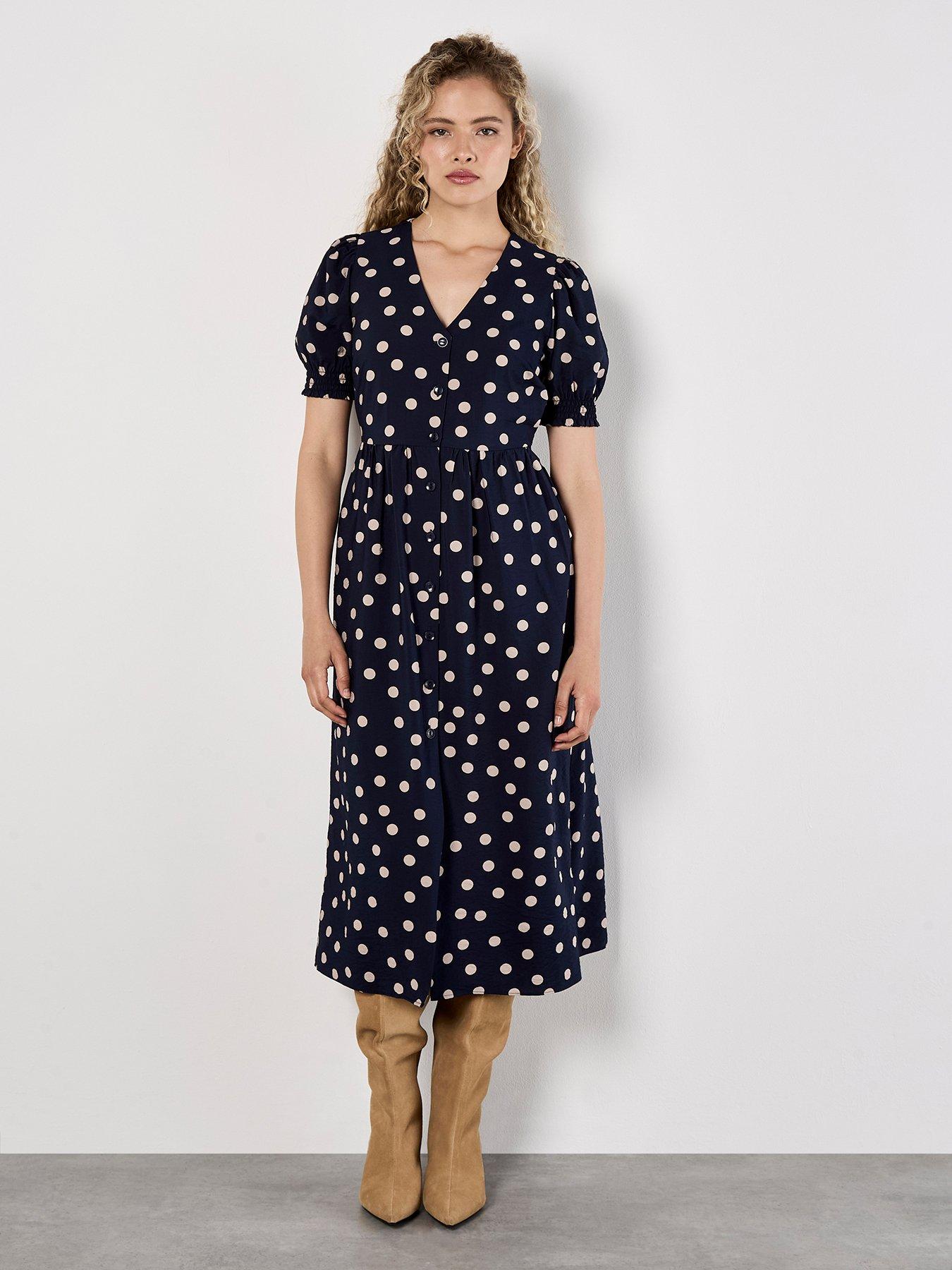 Apricot Polka Dot Button-down Midi Dress