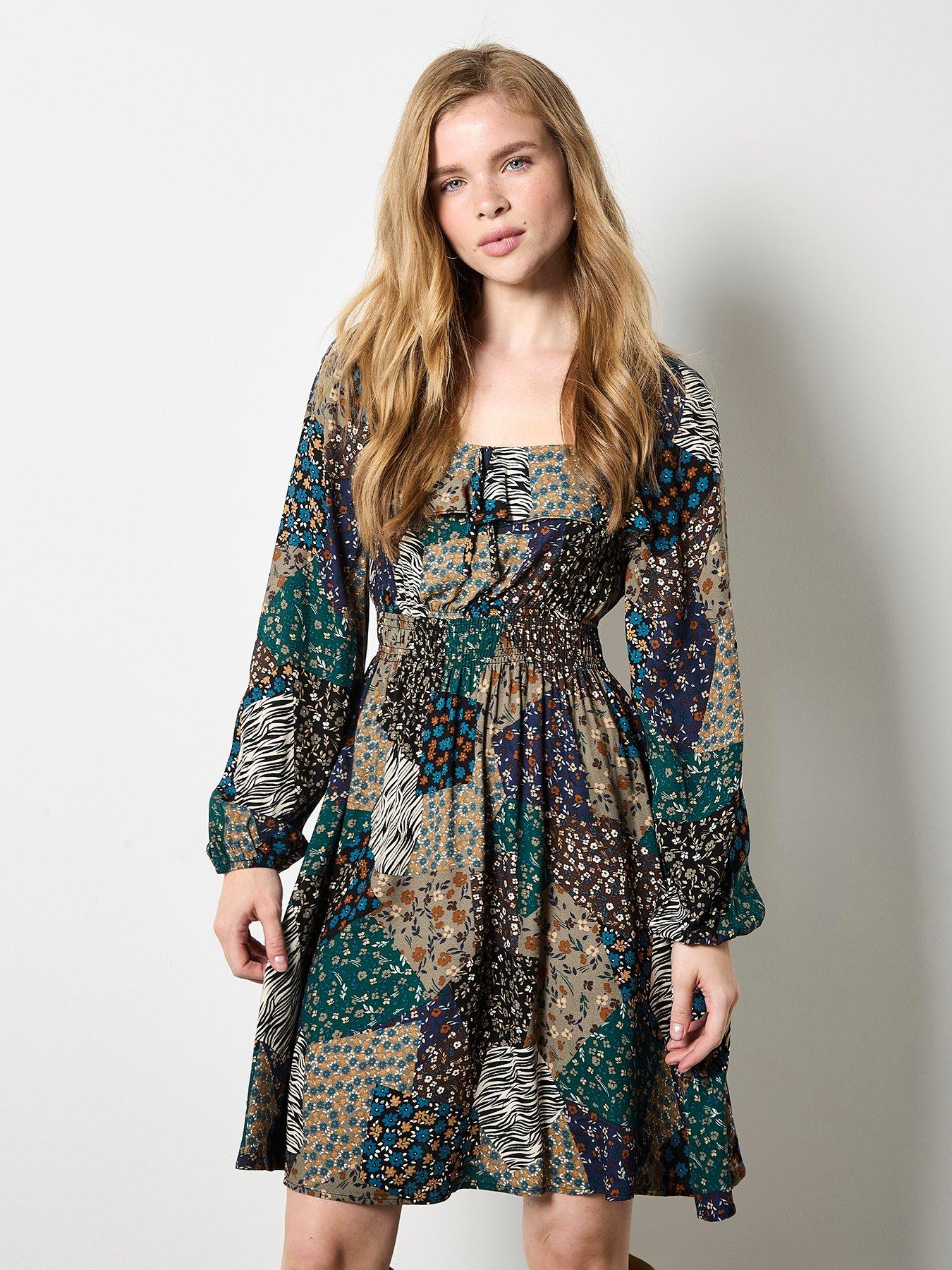 Apricot Milkmaid Patchwork Mini Dress - Khaki