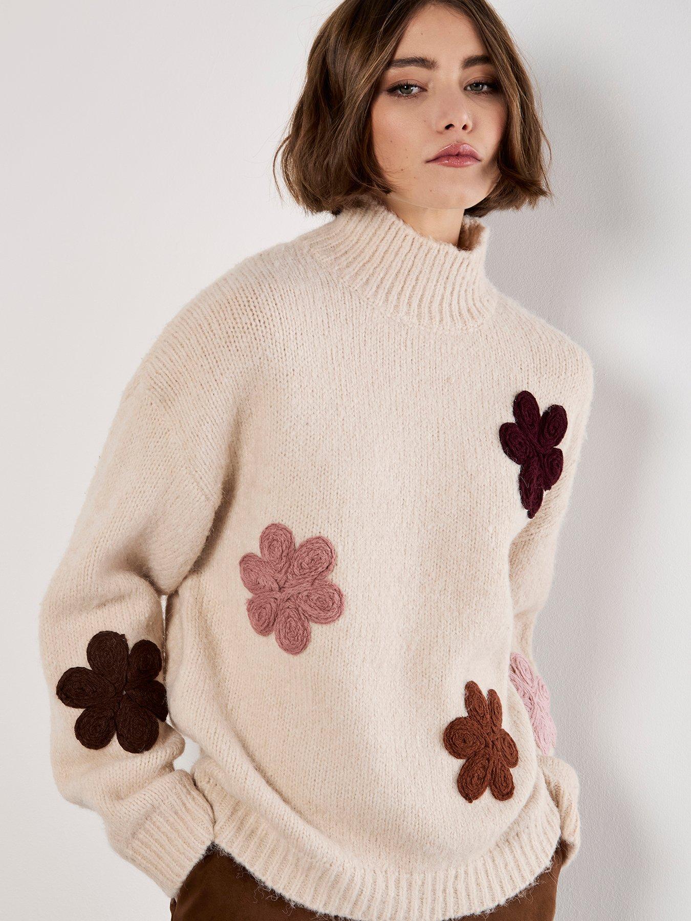 Apricot Embroidered Flower Mock Neck Jumper